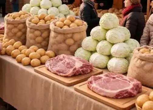 На прилавке ярмарки лежат картофель, кочаны капусты и куски мяса.