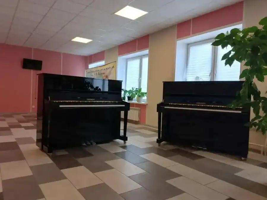 Два чёрных пианино стоят в светлом помещении с окнами и комнатными растениями.