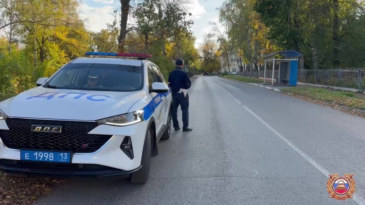 Служебный автомобиль ДПС стоит у обочины рядом с инспектором.