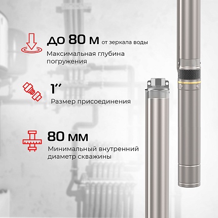 Скважинный насос VODOS SKU 3-105 с кабелем 80м (1х230В,  1,5 кВт , 1")
