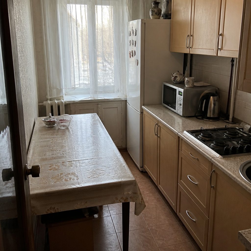 Тесная кухня 7 м² с большим столом и узким проходом.