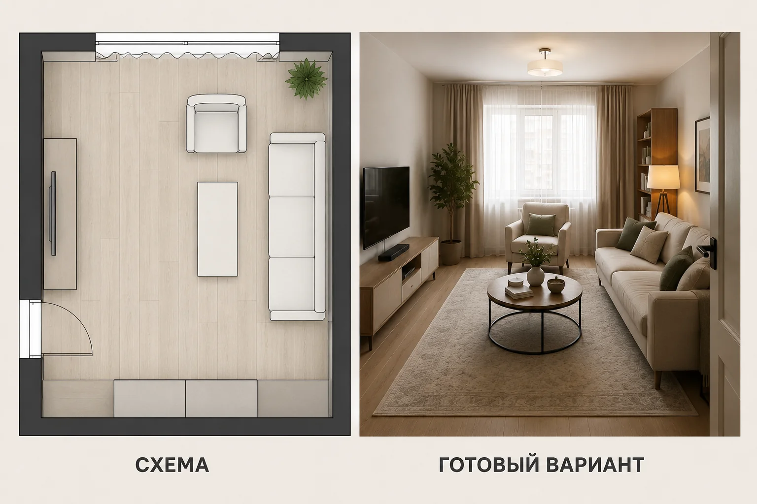 Слева схема расстановки сверху, справа готовый вариант той же комнаты на фотографии
