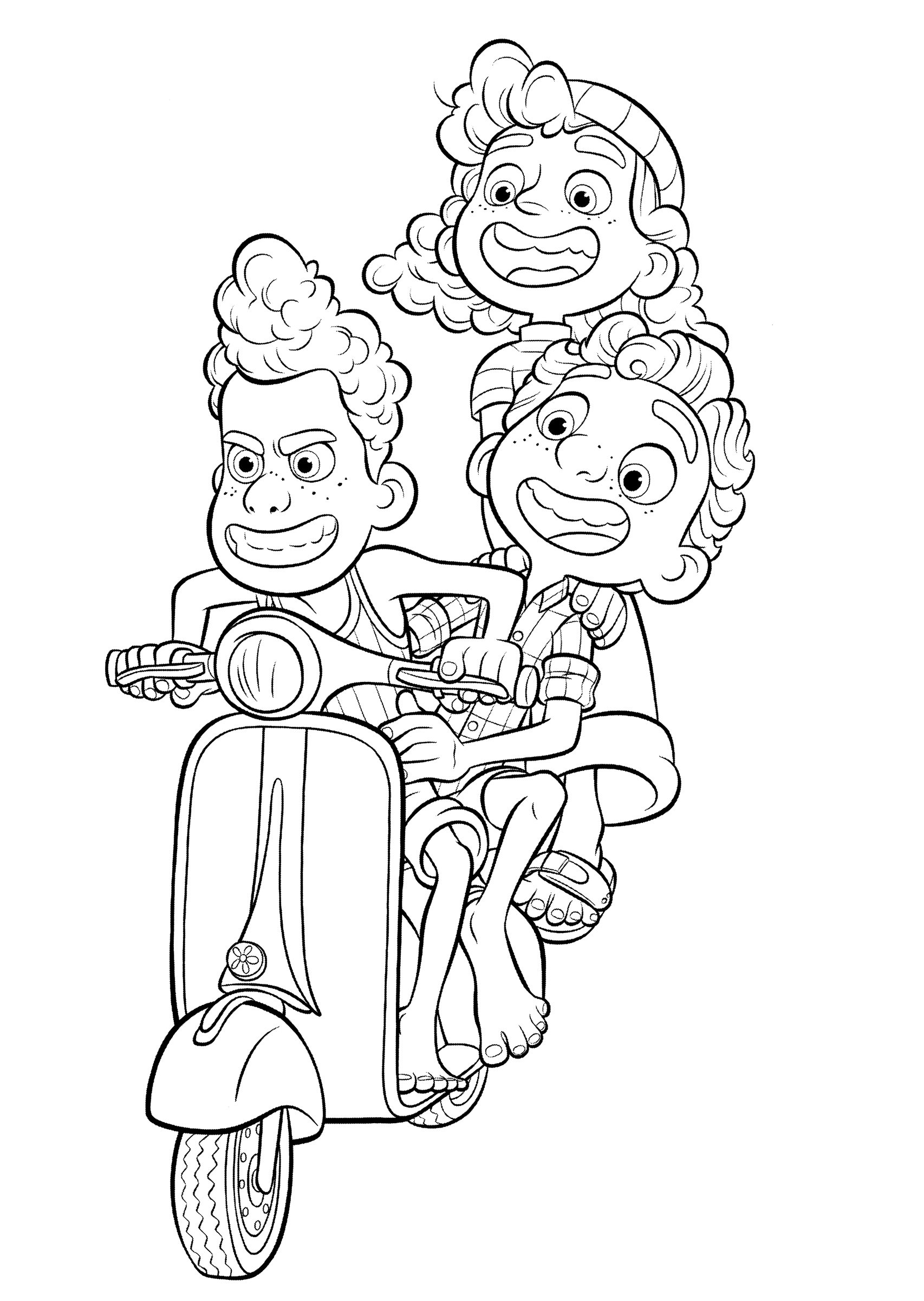 Раскраска Альберто с друзьями на мопеде