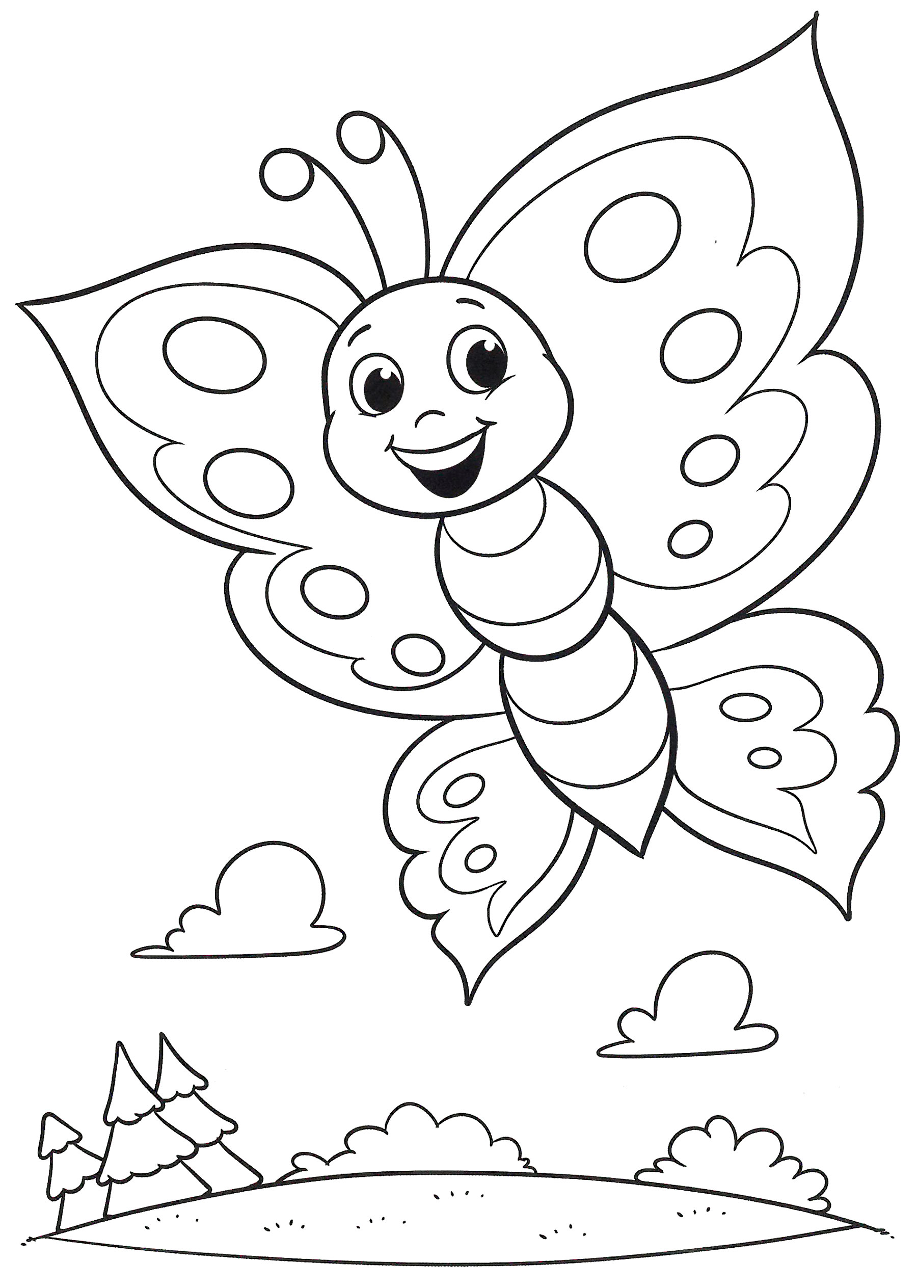 Раскраска Бабочка летит над лесом