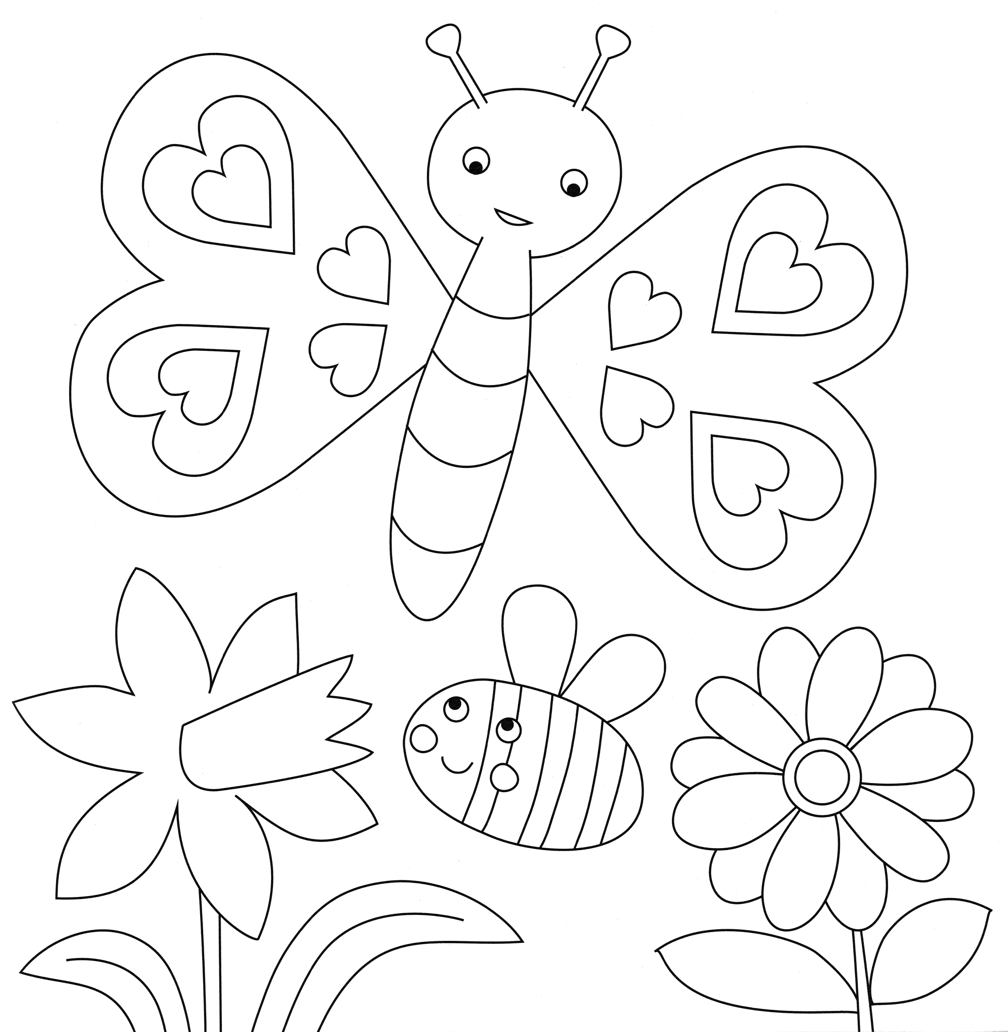 Раскраска Бабочка с пчёлкой среди цветов