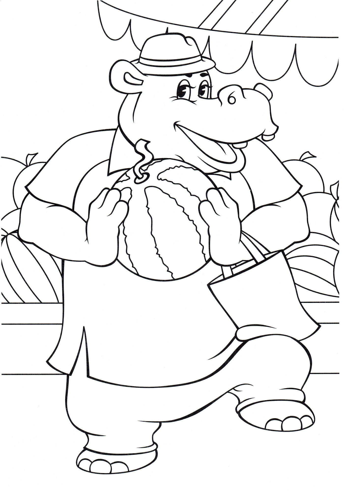 Раскраска Бегемот с арбузом