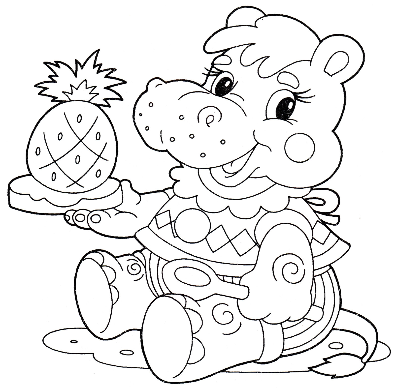 Раскраска Бегемотик с ананасом