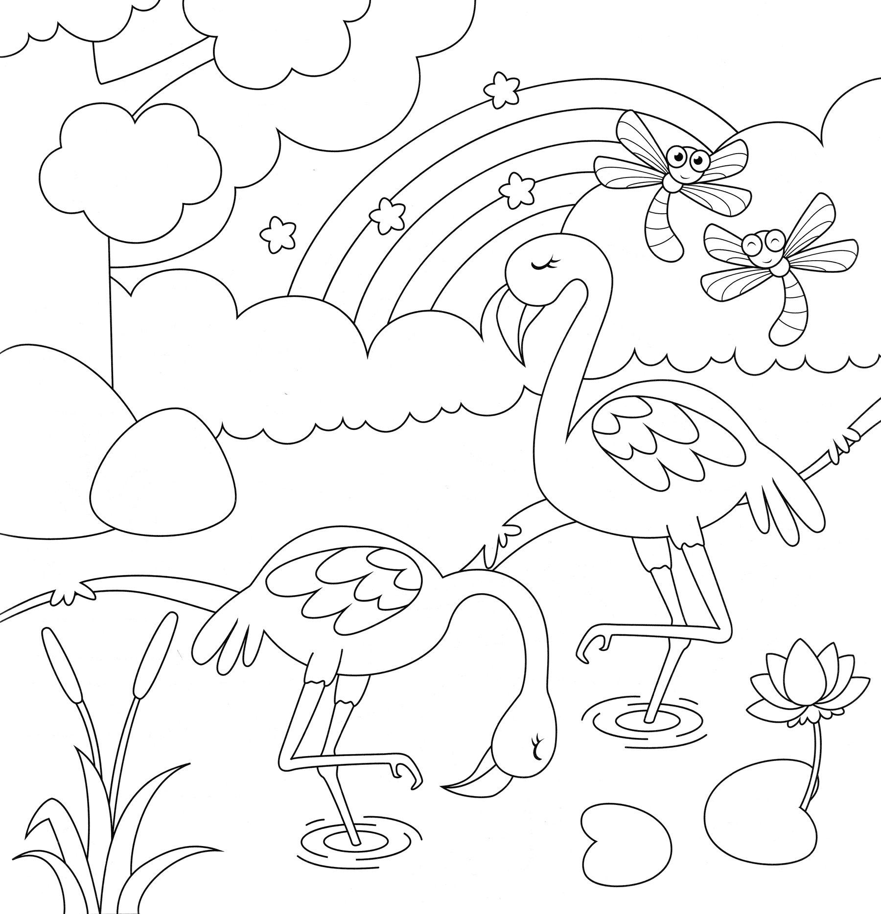 Раскраска Два фламинго в саду