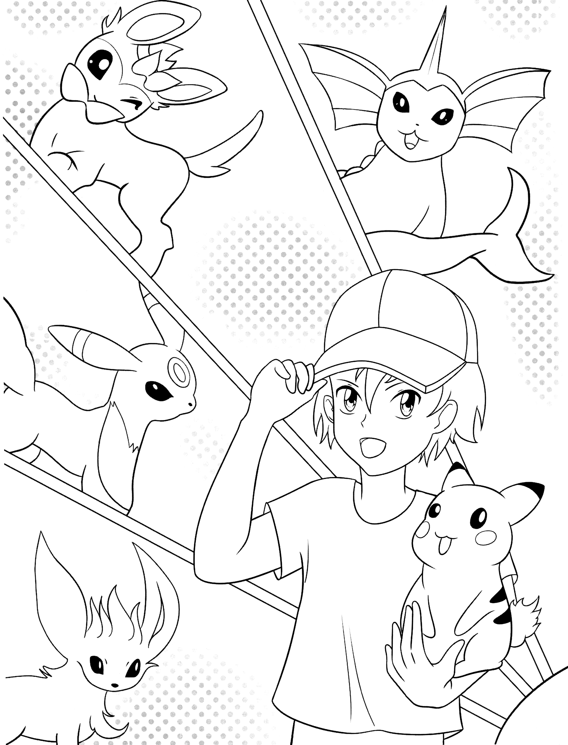 Раскраска Эш со своими покемонами