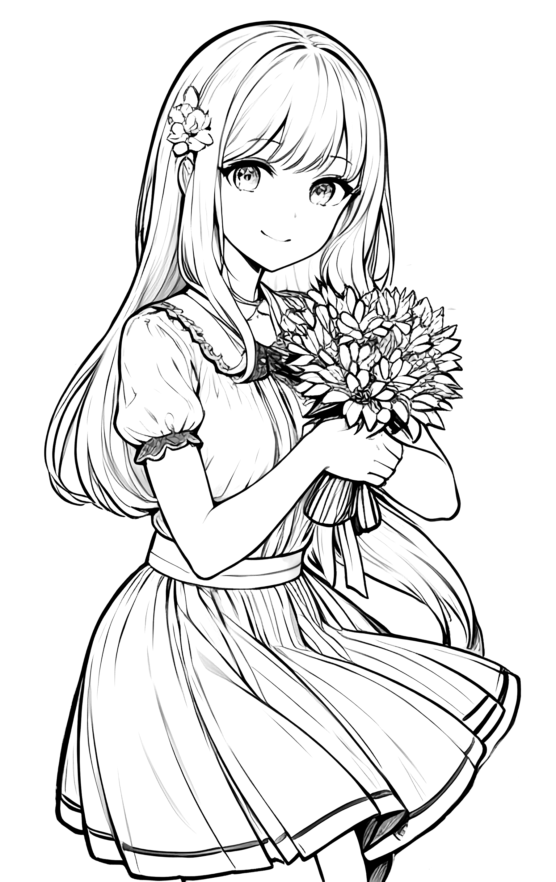 Раскраска Милая девочка с букетом
