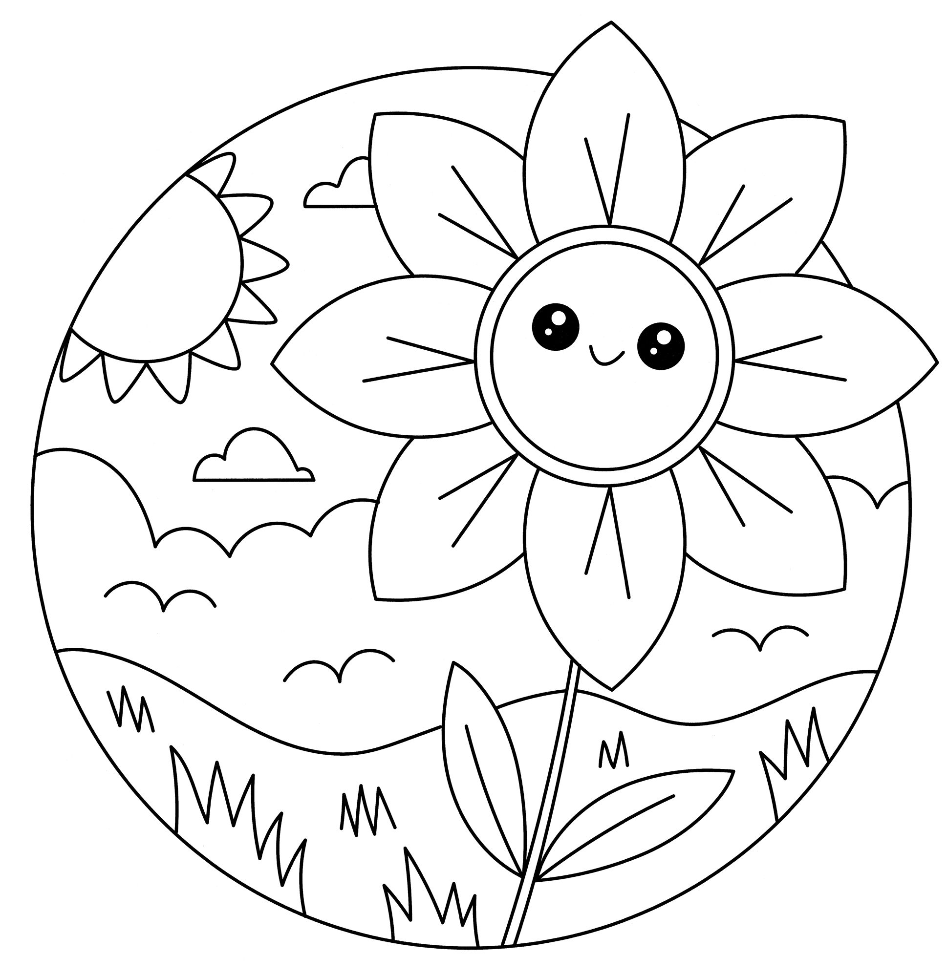 Раскраска Милый цветочек с улыбкой