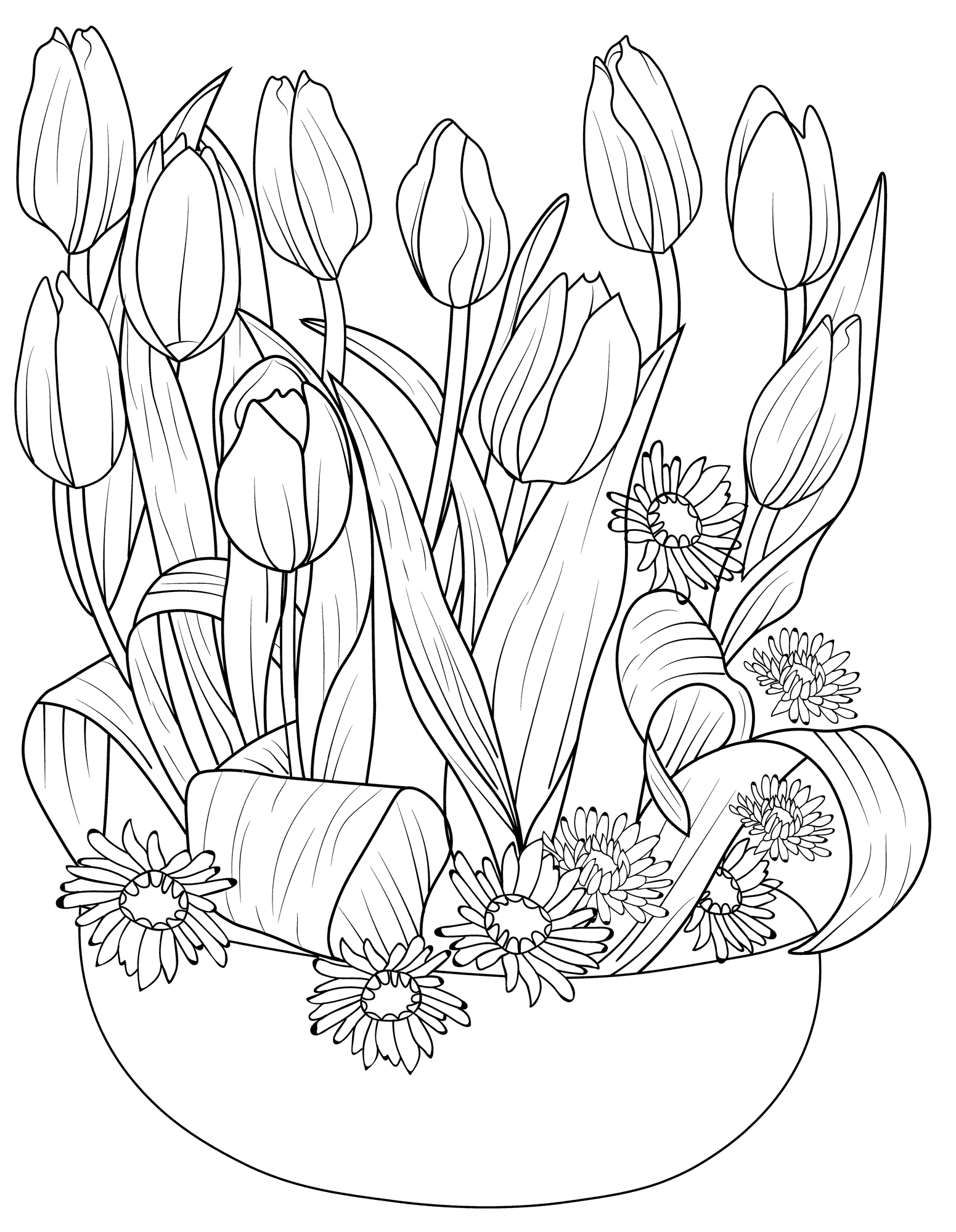 Раскраска Много красивых тюльпанов