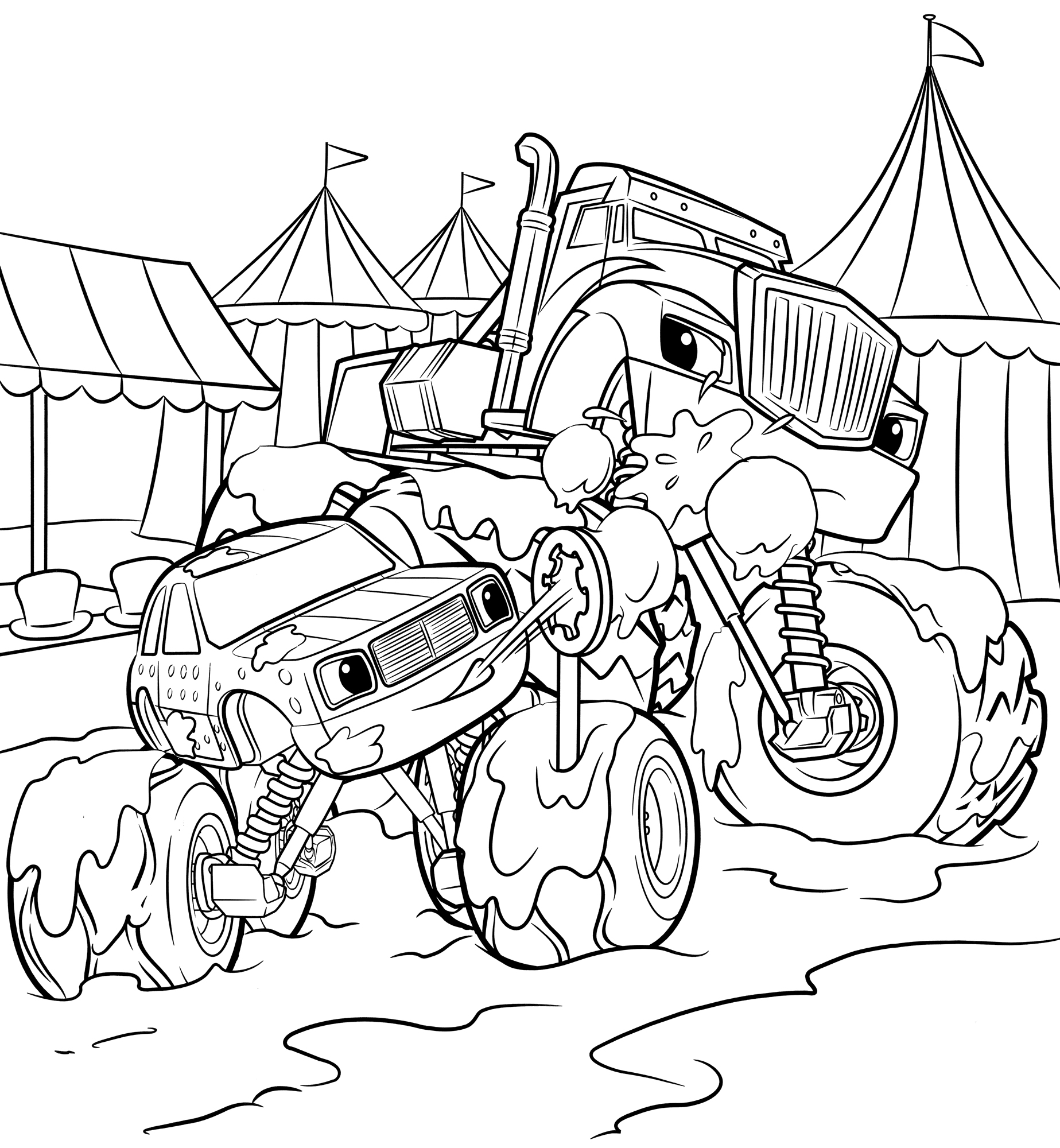 Раскраска Огурчик и Крушила кидаются грязью