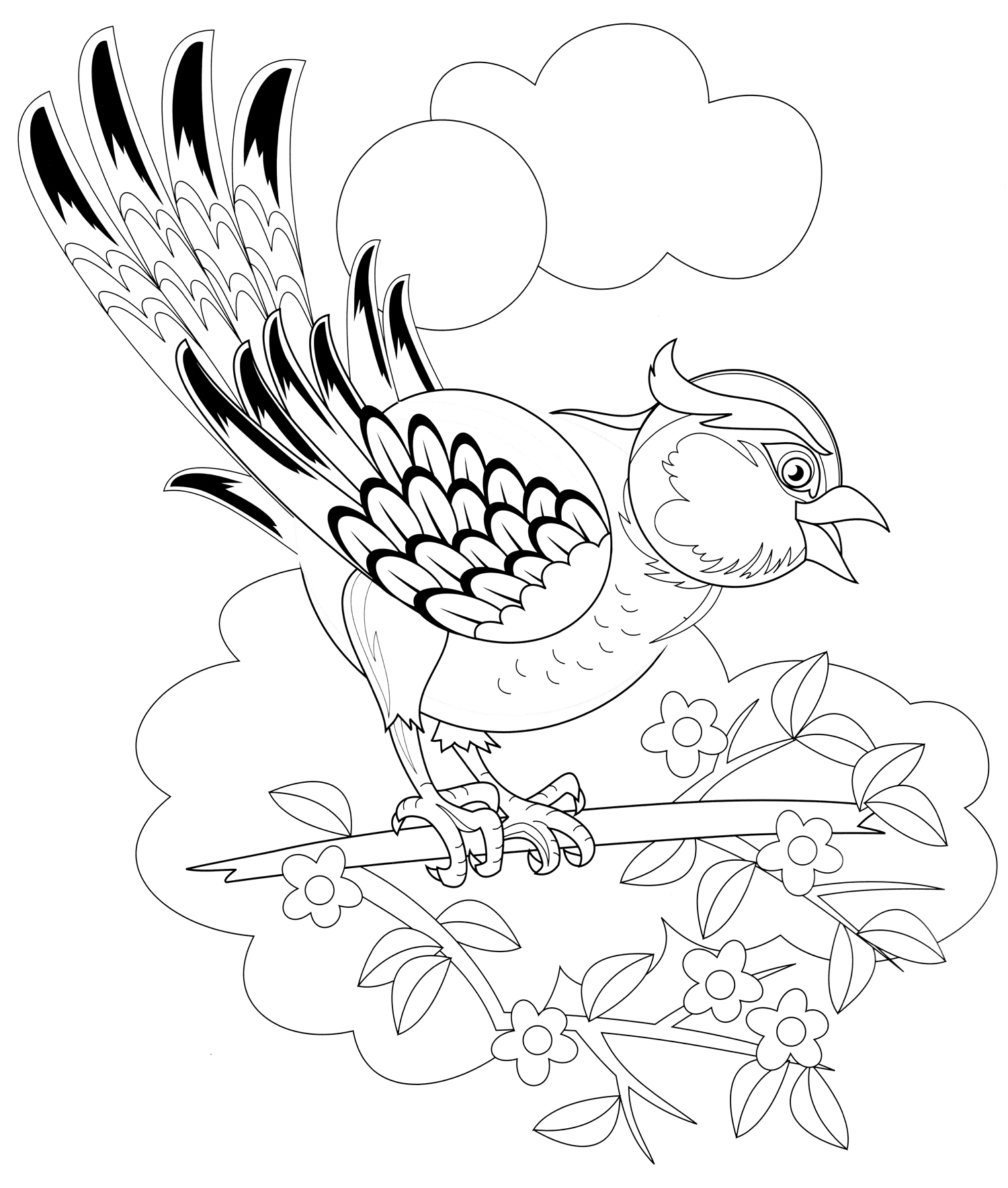 Раскраска Птичка на цветущей яблоне