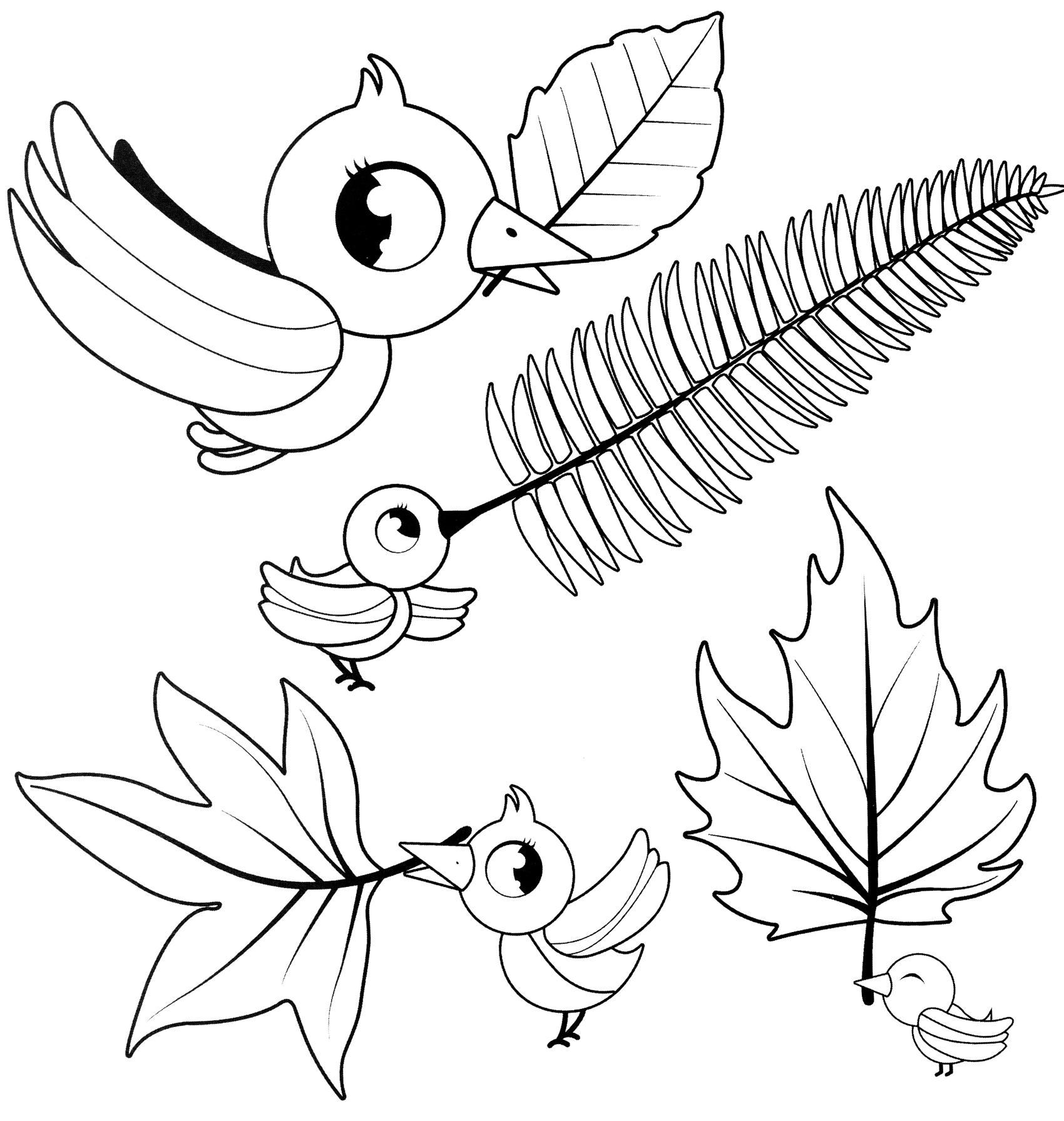 Раскраска Птички и разные листики
