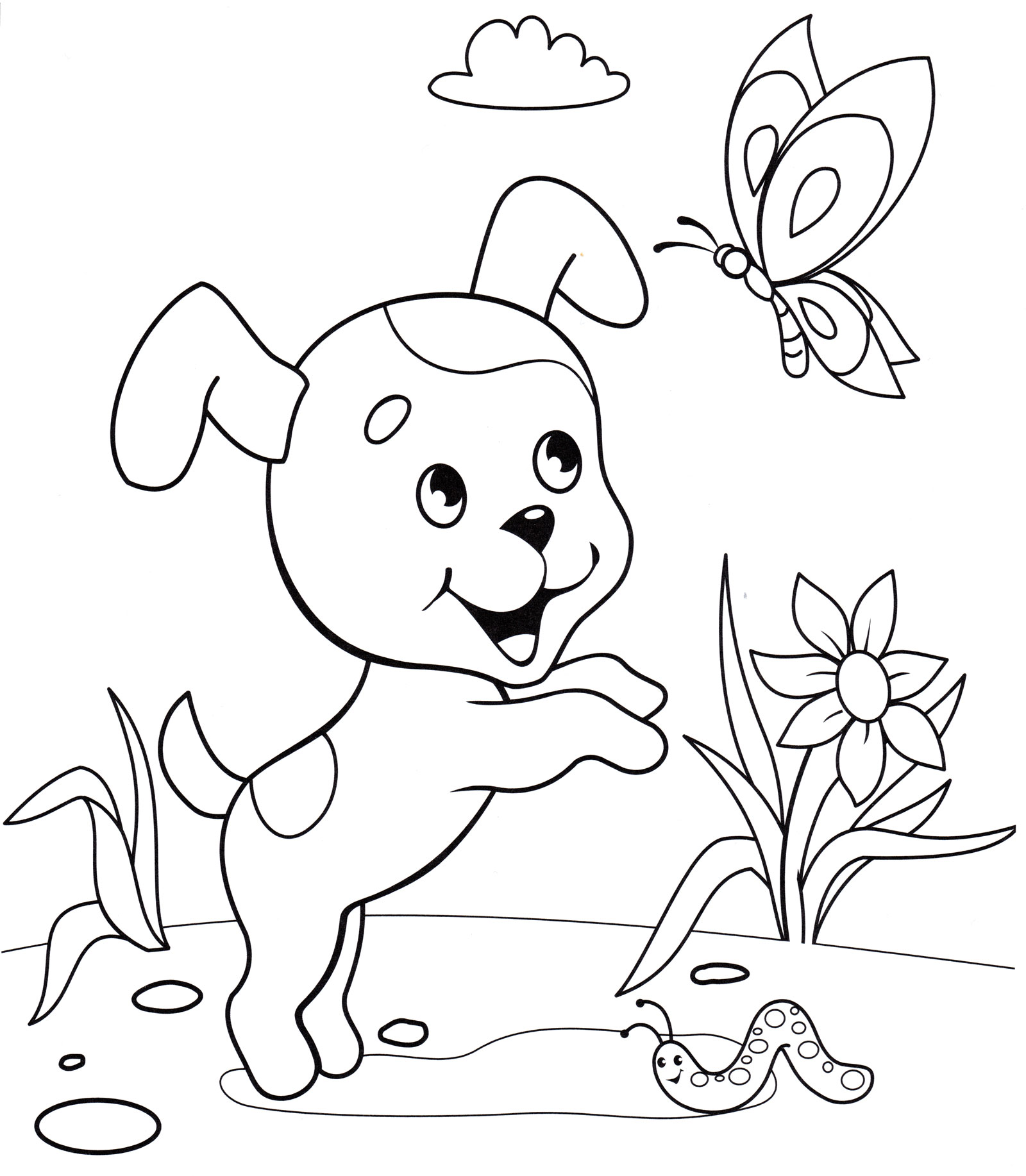 Раскраска Щенок ловит бабочек