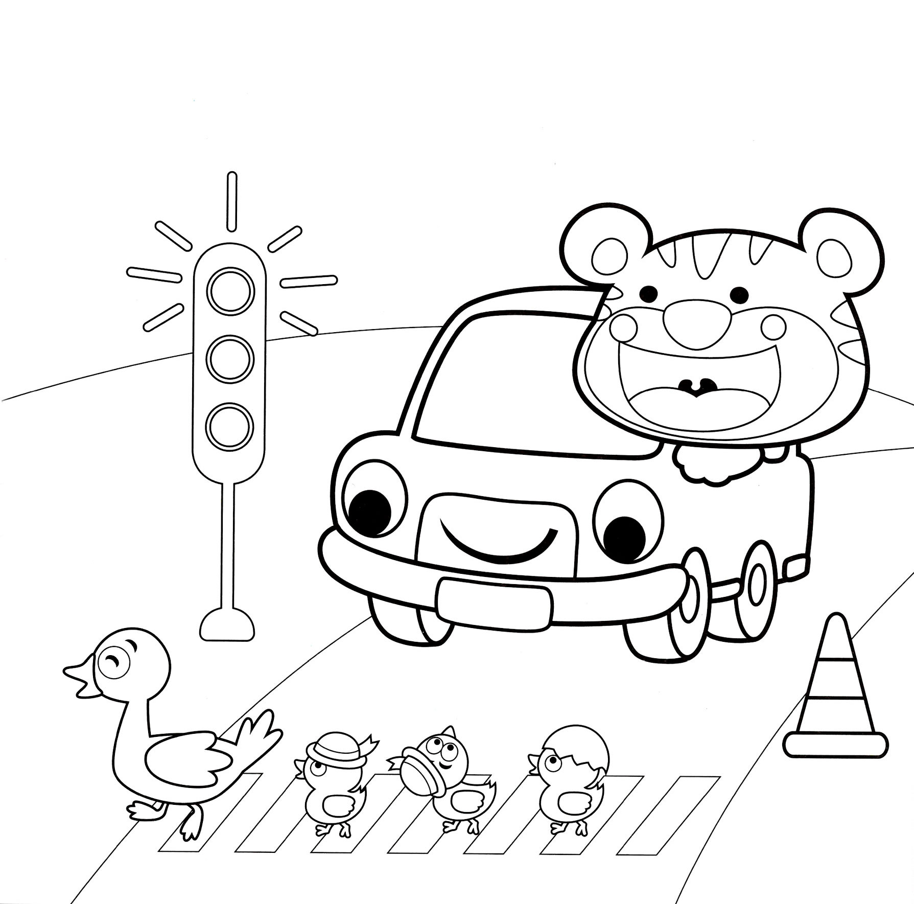 Раскраска Утята на пешеходном переходе