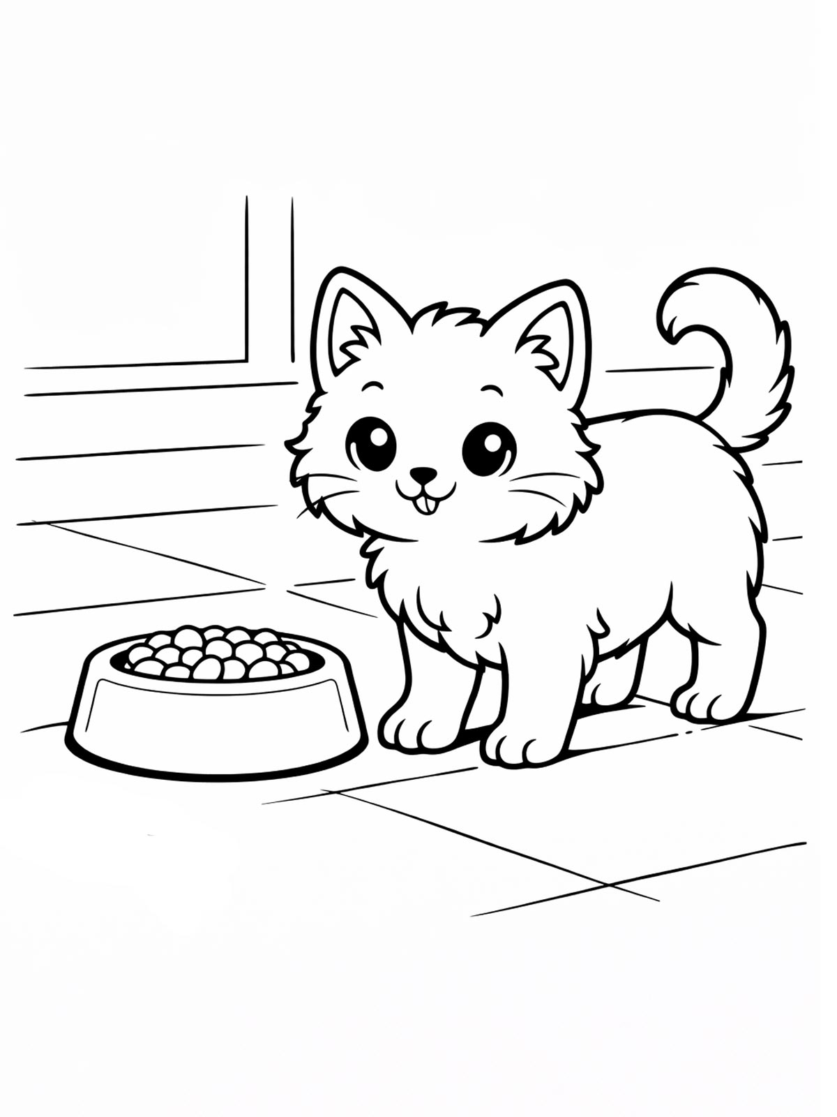 Котенок у миски с едой