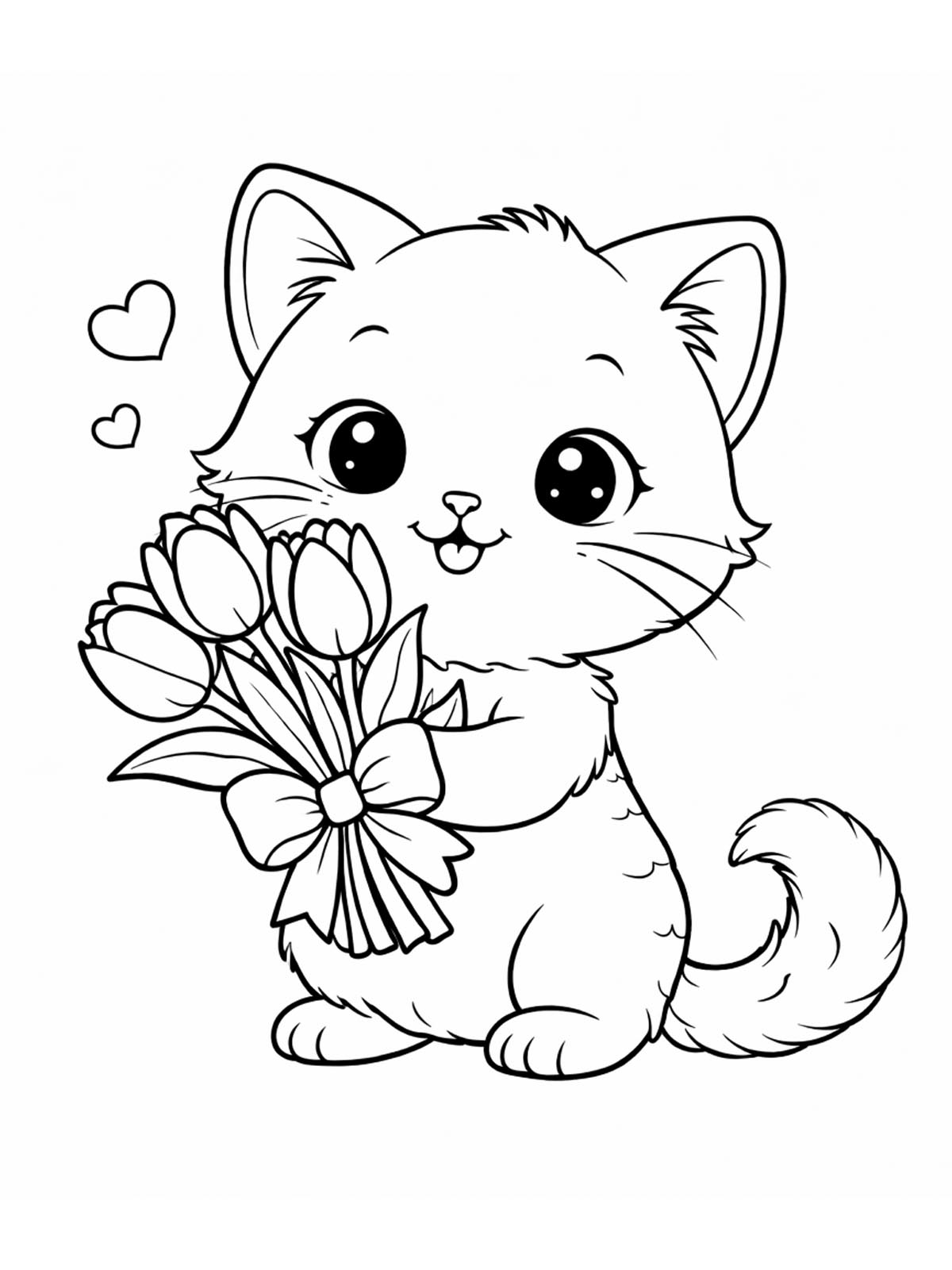 Котёнок с букетом тюльпанов