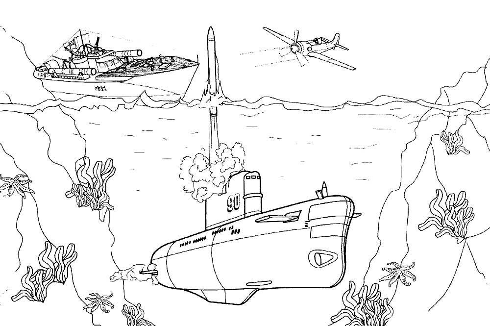 Подводная лодка плывет в море