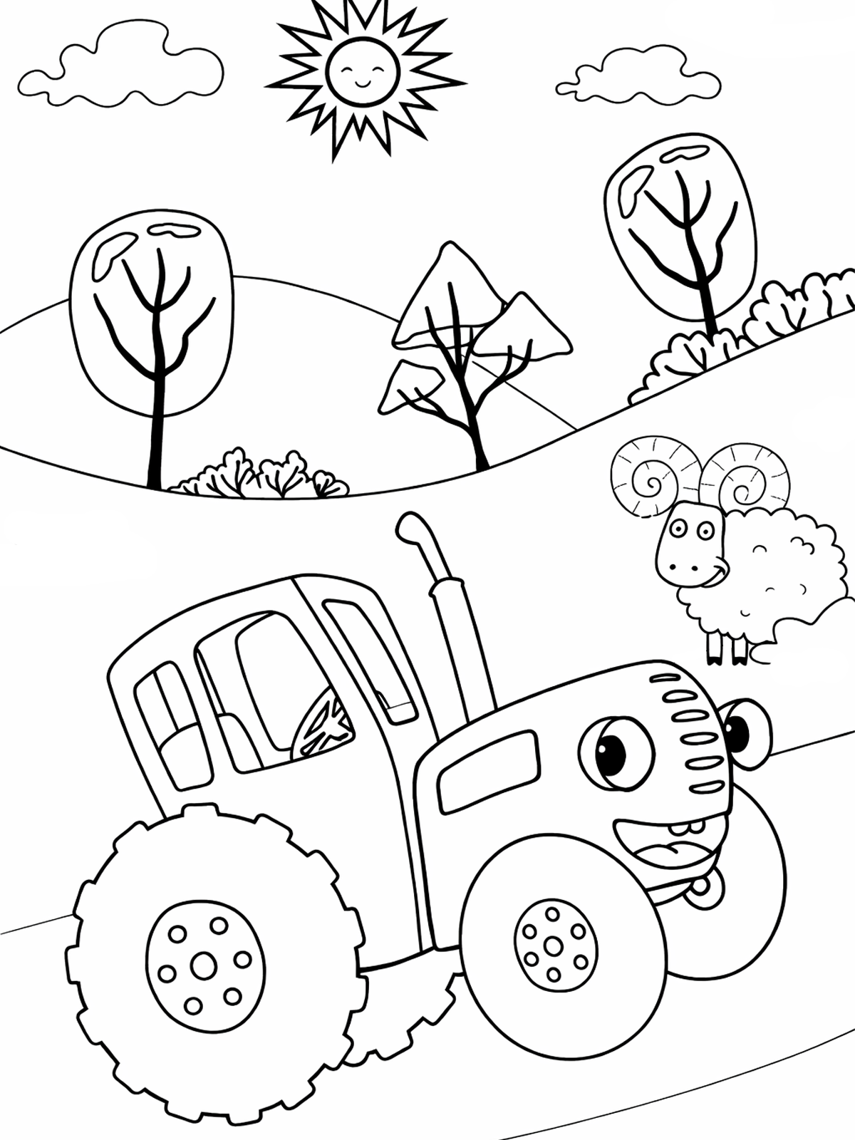 Синий трактор едет по полям