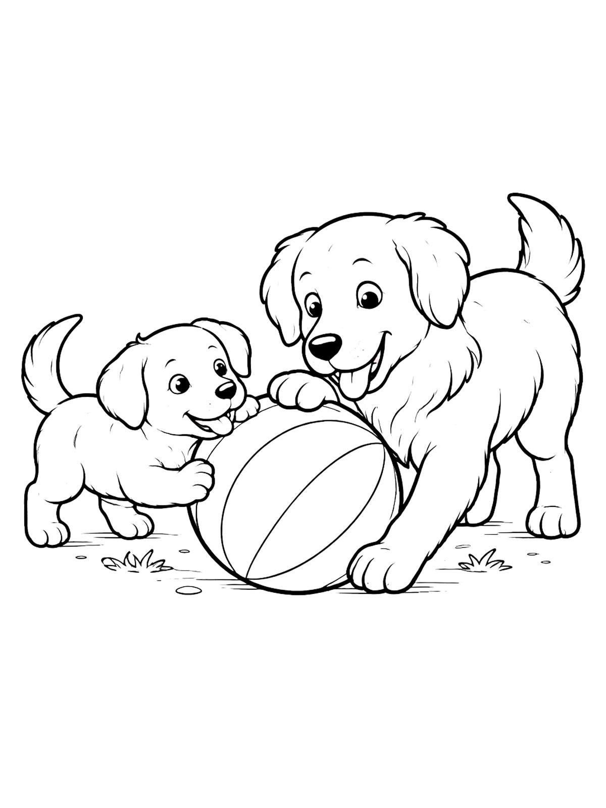 Собака и щенок играют с мячом