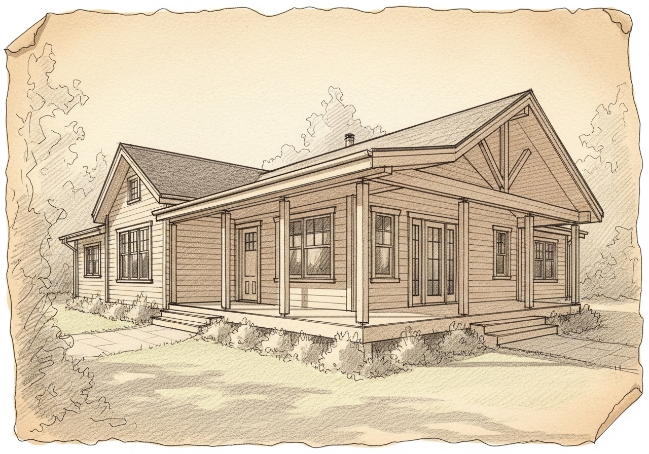 Карандашный 3D эскиз одноэтажного дома из клееного бруса