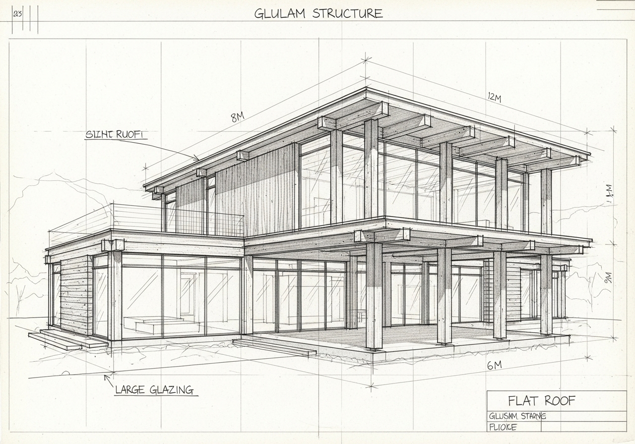 Карандашный 3D эскиз современного дома из клееного бруса