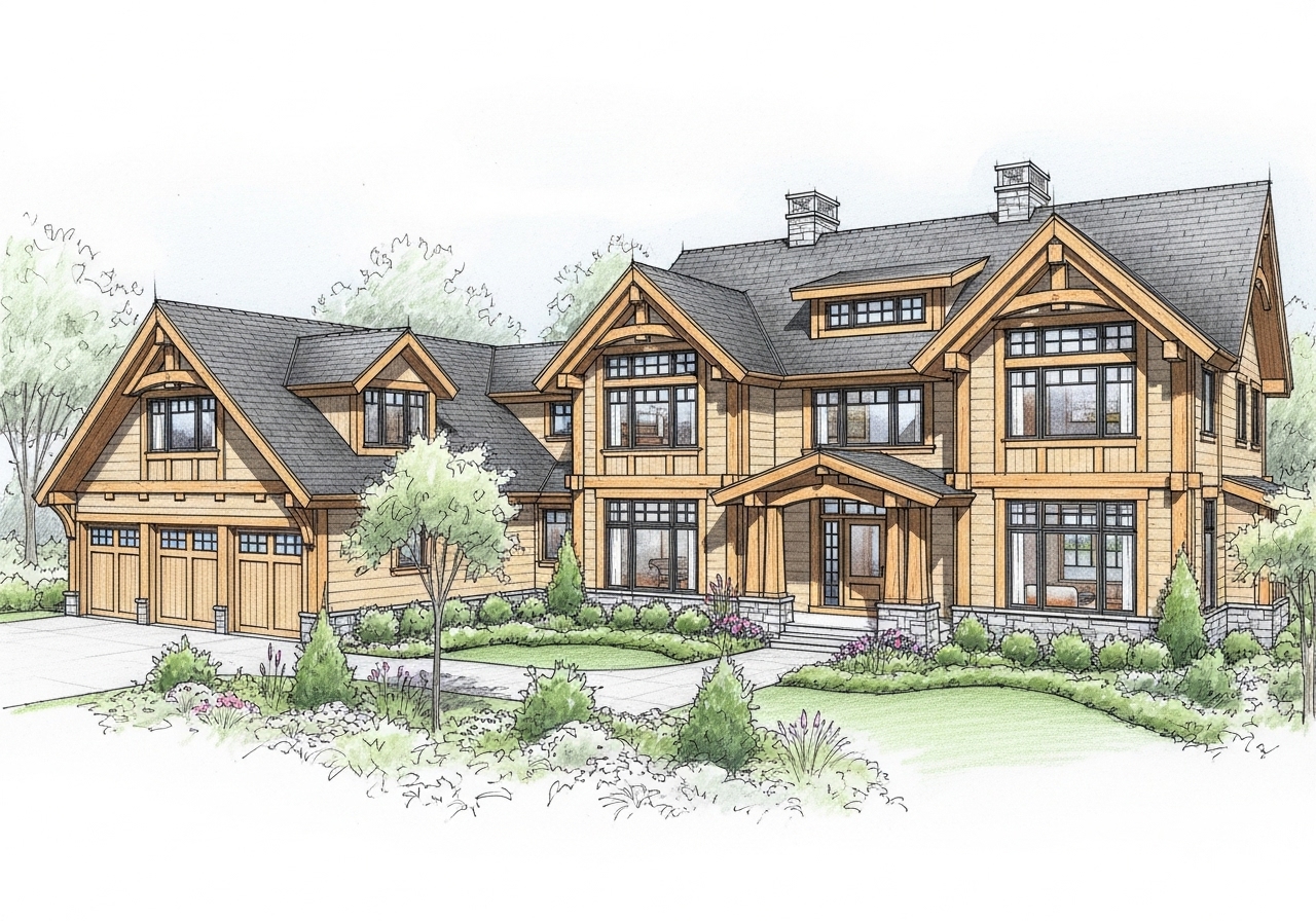 Карандашный 3D эскиз большого дома из клееного бруса