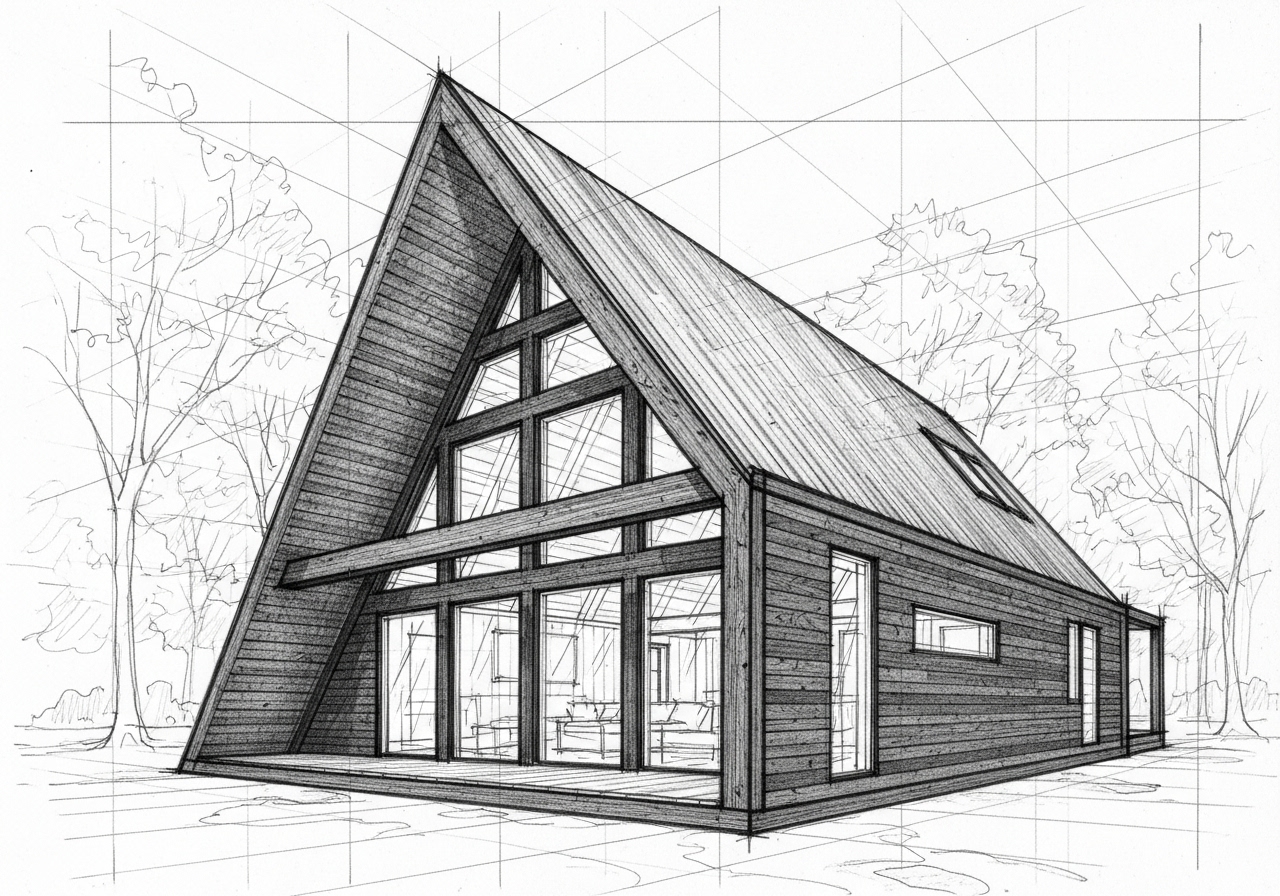 Карандашный 3D эскиз А-фрейм дома из клееного бруса