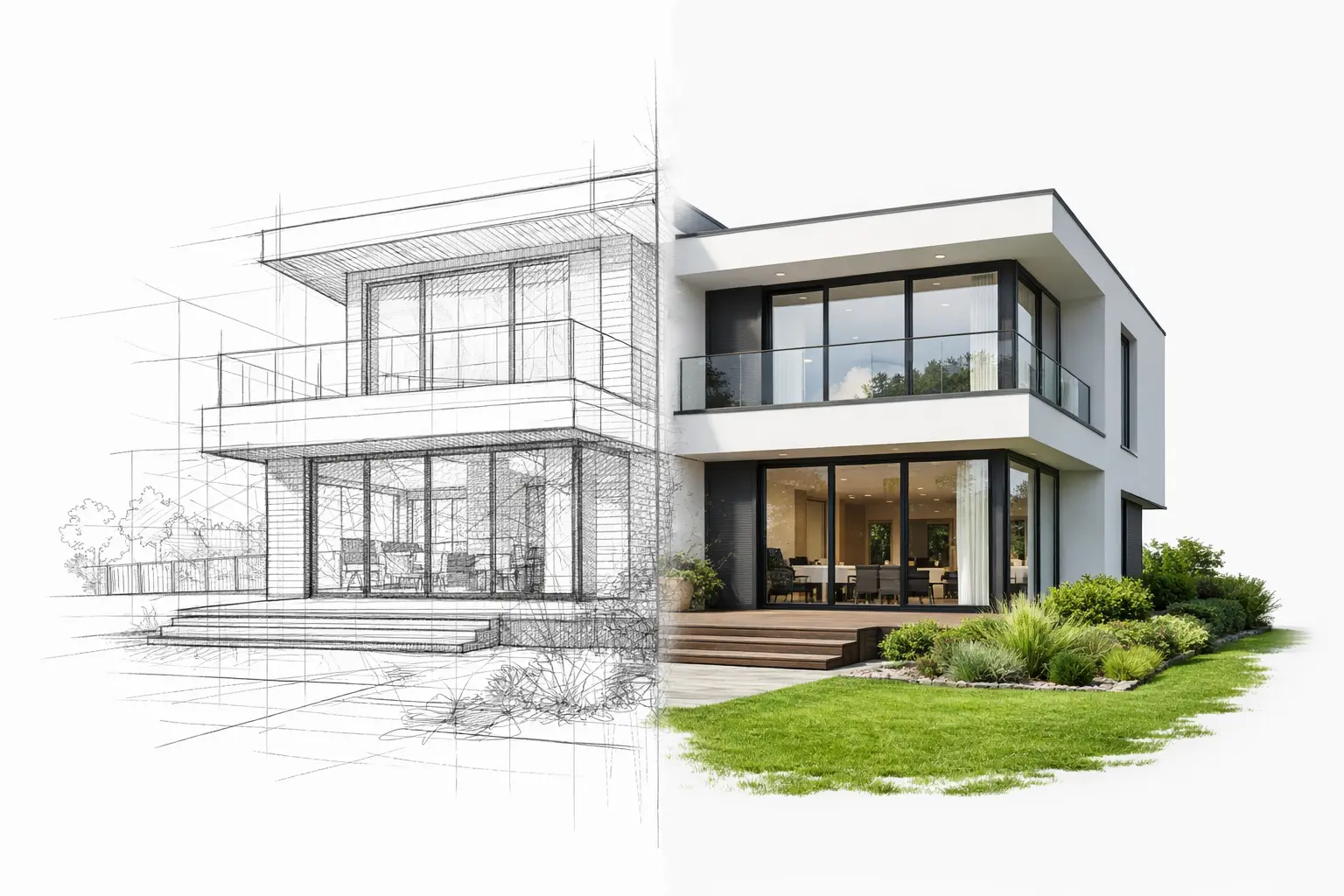 Сравнение архитектурного эскиза и построенного двухэтажного дома с панорамными окнами