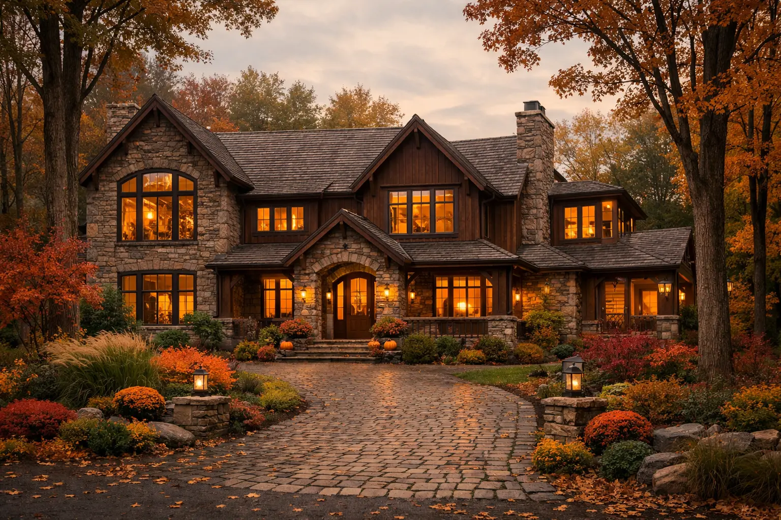 Двухэтажный загородный дом с каменным фасадом и ландшафтным дизайном осенью
