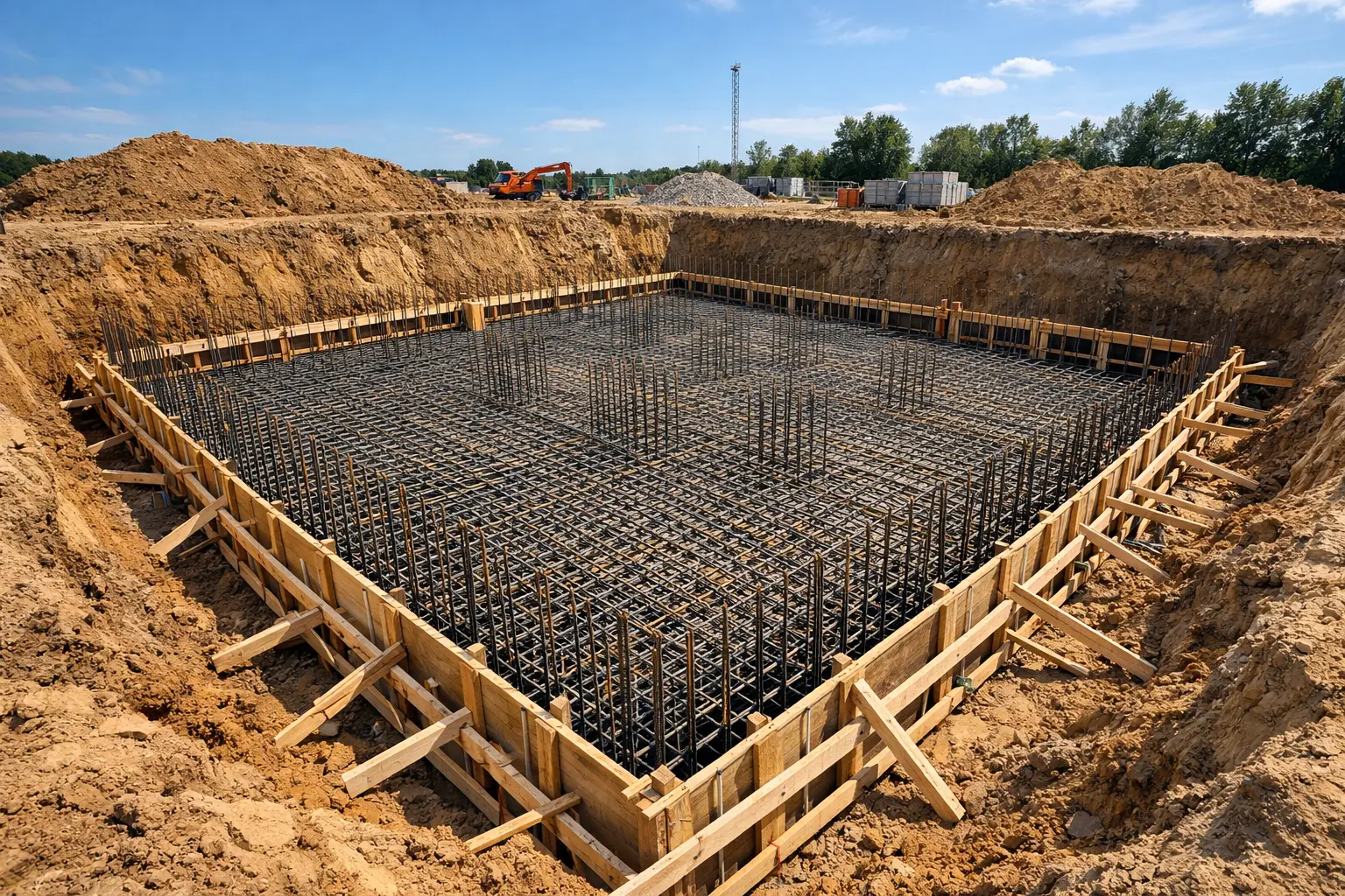 Котлован с опалубкой и арматурной сеткой для фундамента