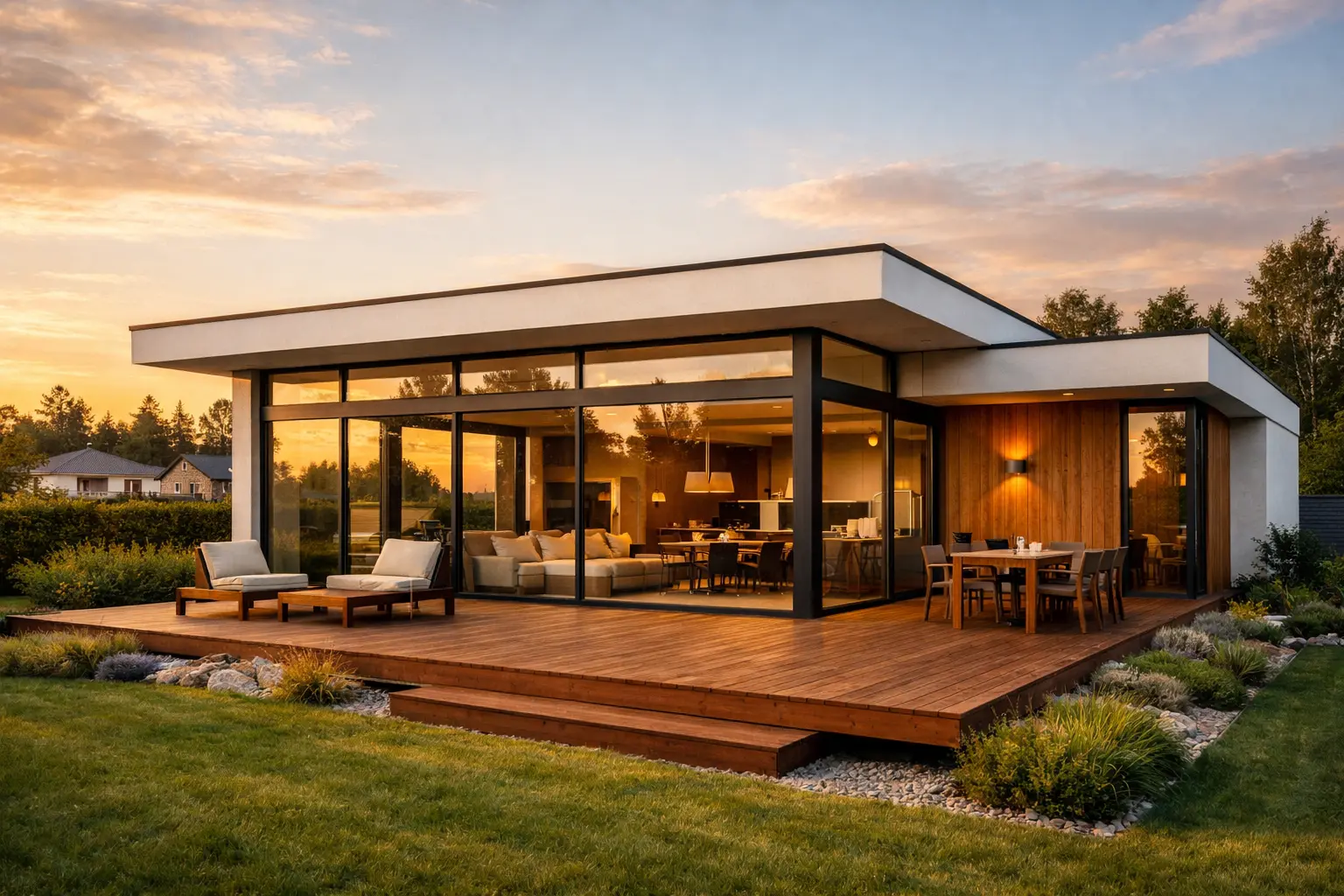 Одноэтажный дом с монолитным каркасом и панорамным остеклением в окружении ландшафтного сада в Подмосковье