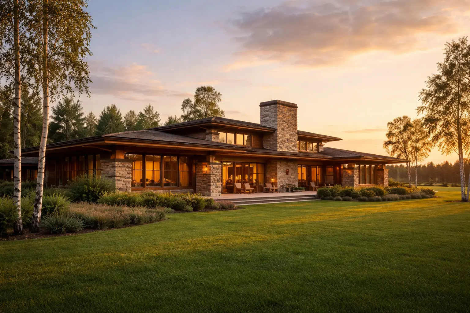 Просторная вилла в стиле прерий с широкими карнизами и натуральным камнем на фоне подмосковного пейзажа