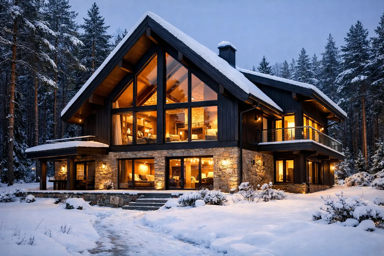 Шале в альпийском стиле с каменным основанием и панорамными окнами на фоне зимнего леса в Подмосковье