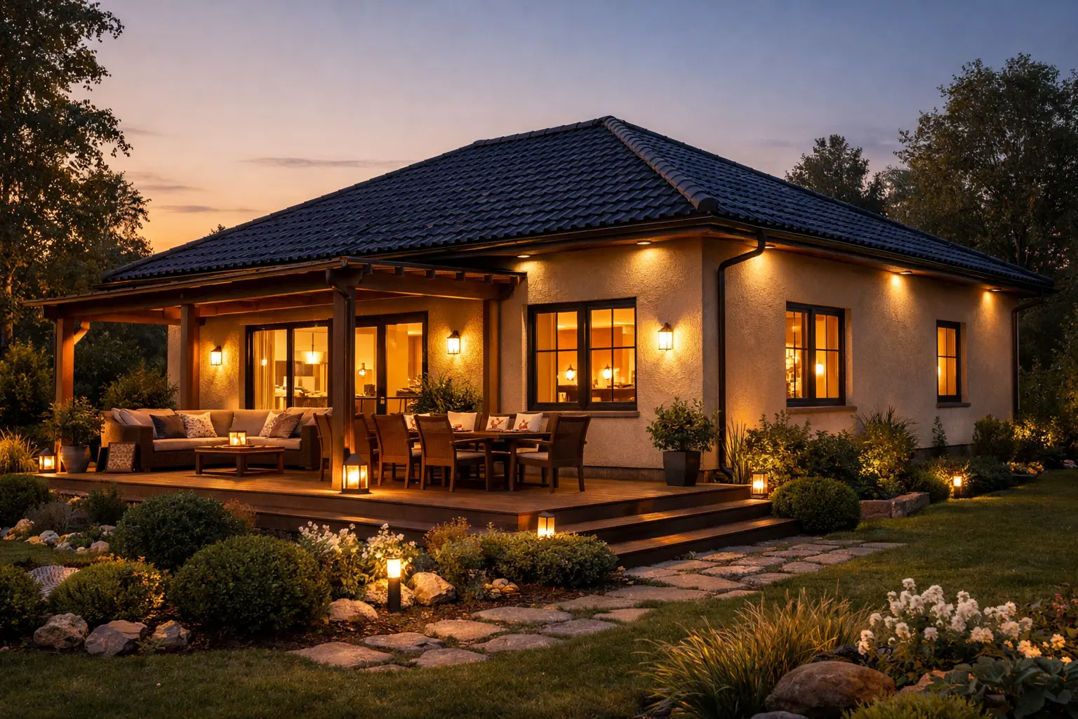 Уютный одноэтажный оштукатуренный дом с открытой террасой и тёплой вечерней подсветкой фасада в Подмосковье