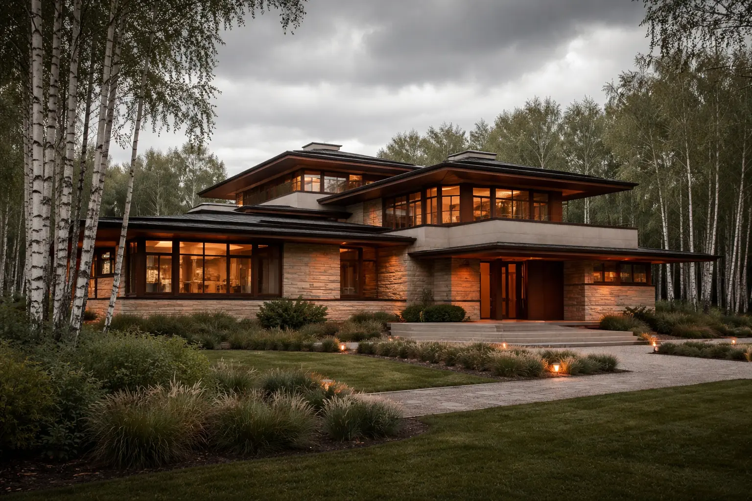 Загородный дом в стиле Фрэнка Ллойда Райта с консольными козырьками и ленточным остеклением в Подмосковье