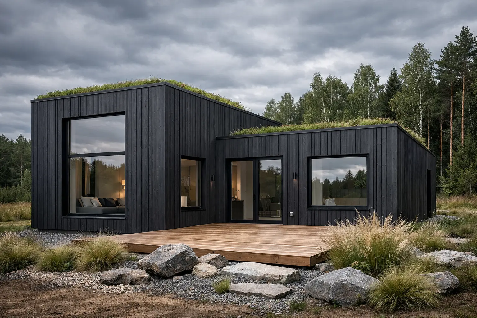 Дом из газобетона с тёмной деревянной обшивкой в скандинавском стиле на опушке леса в Подмосковье