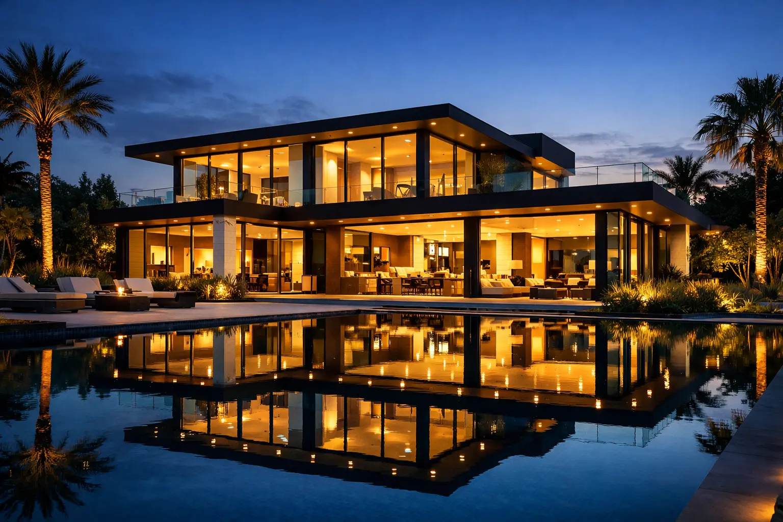 Элитная вилла с бассейном и панорамными окнами в вечернем освещении
