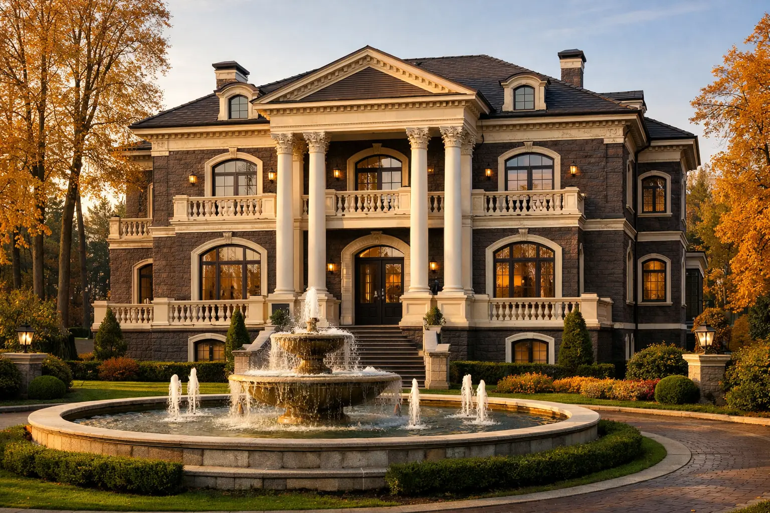 Трёхэтажный особняк из клинкерного кирпича с колоннами и фонтаном в элитном коттеджном посёлке Подмосковья