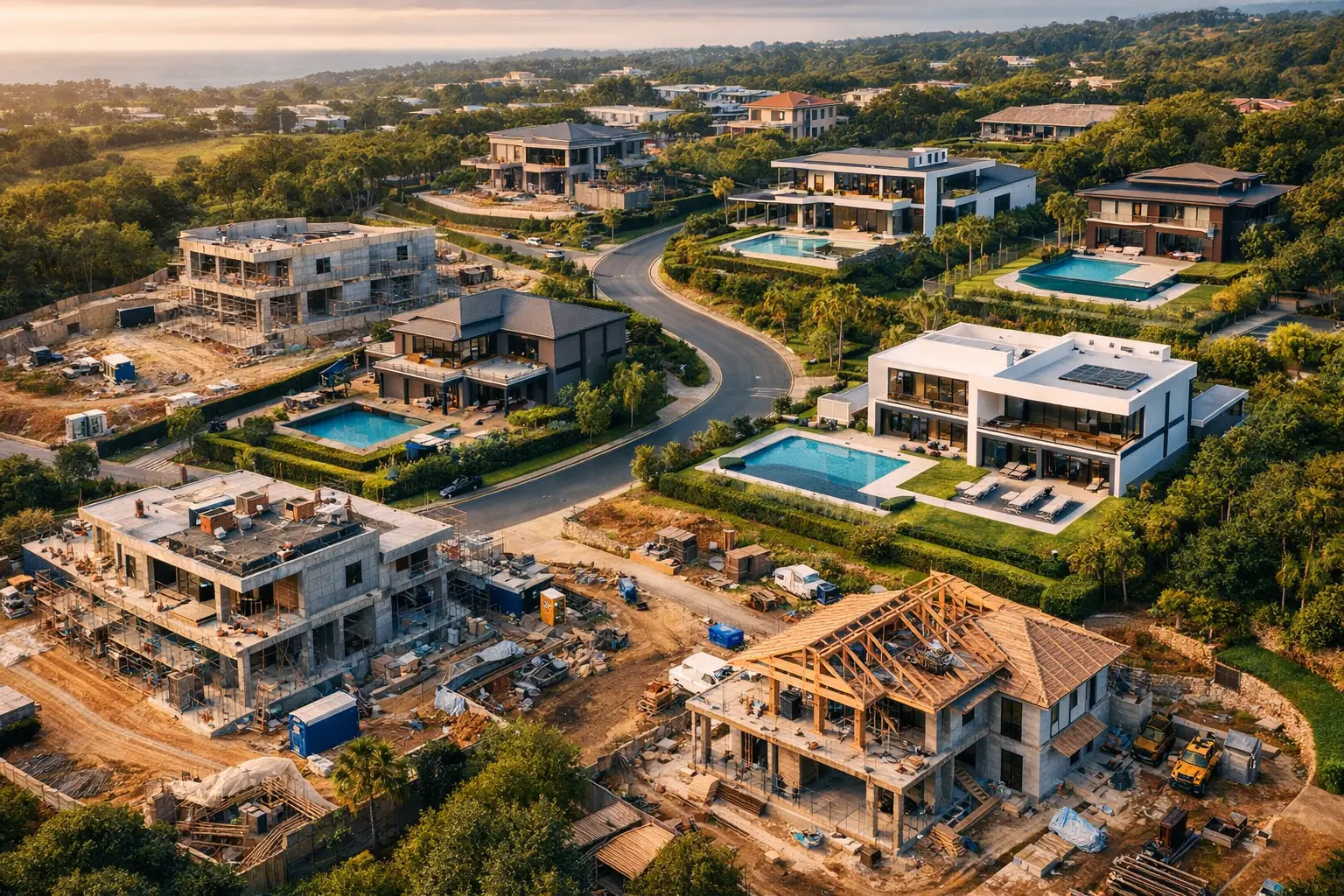 Аэросъёмка строящегося коттеджного посёлка с современными домами разной стадии готовности