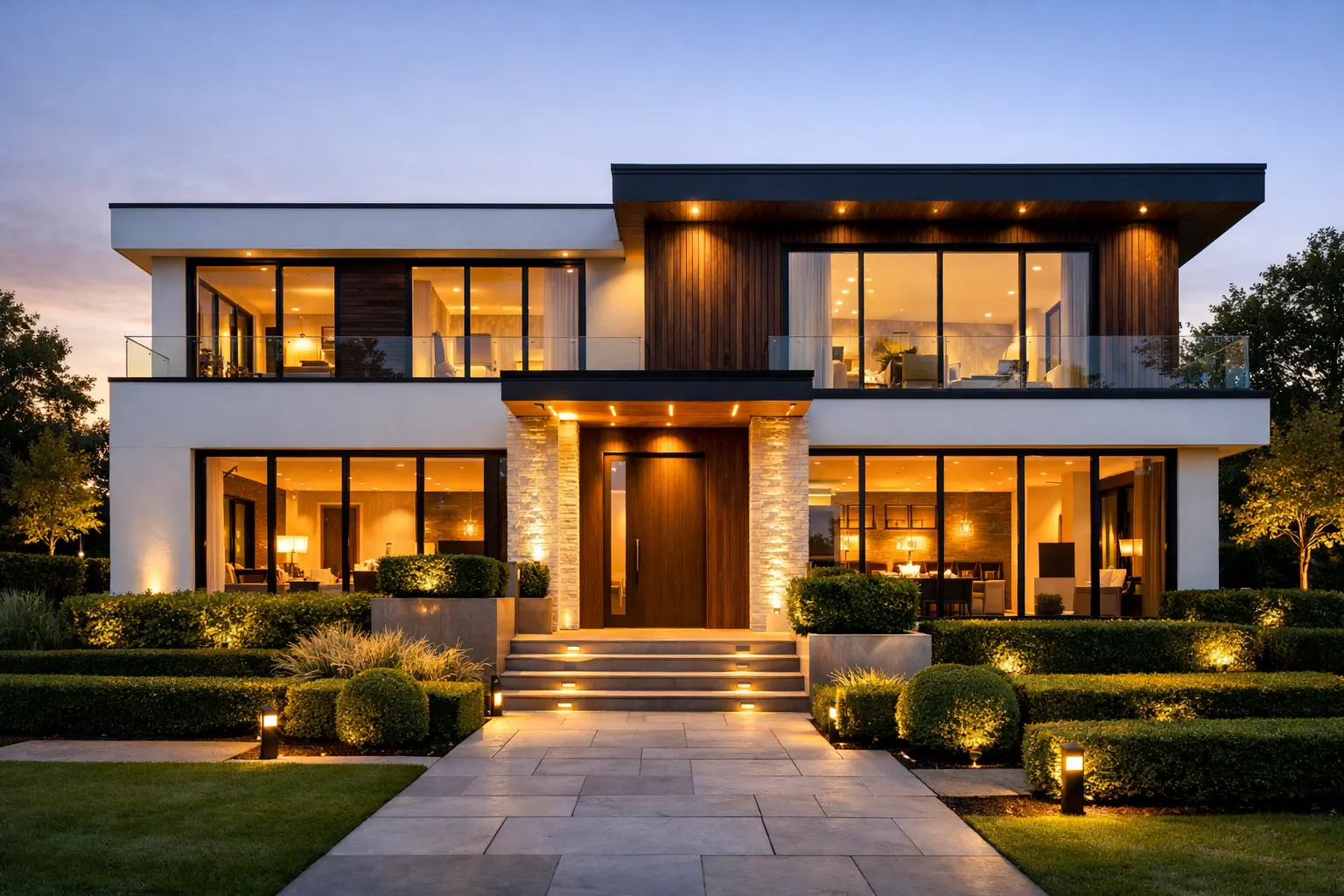 Двухэтажный загородный дом в современном стиле с плоской кровлей и панорамными окнами в Подмосковье