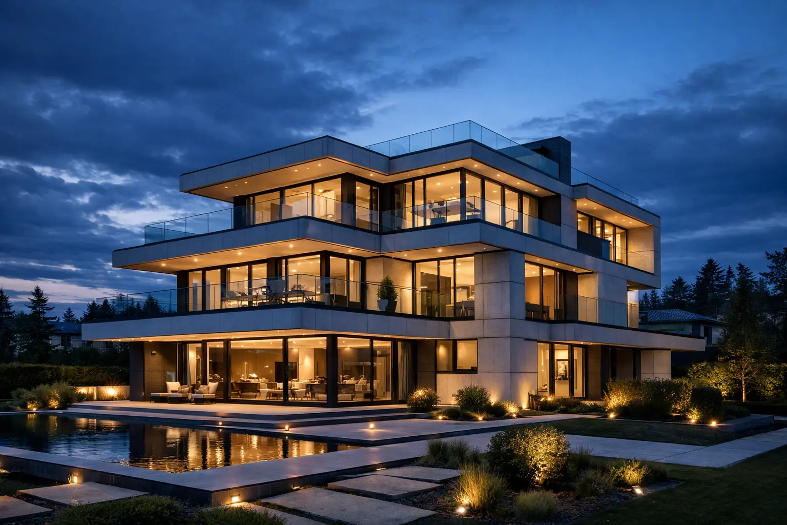 Трёхэтажная современная резиденция с монолитным каркасом и стеклянным фасадом в элитном посёлке Подмосковья