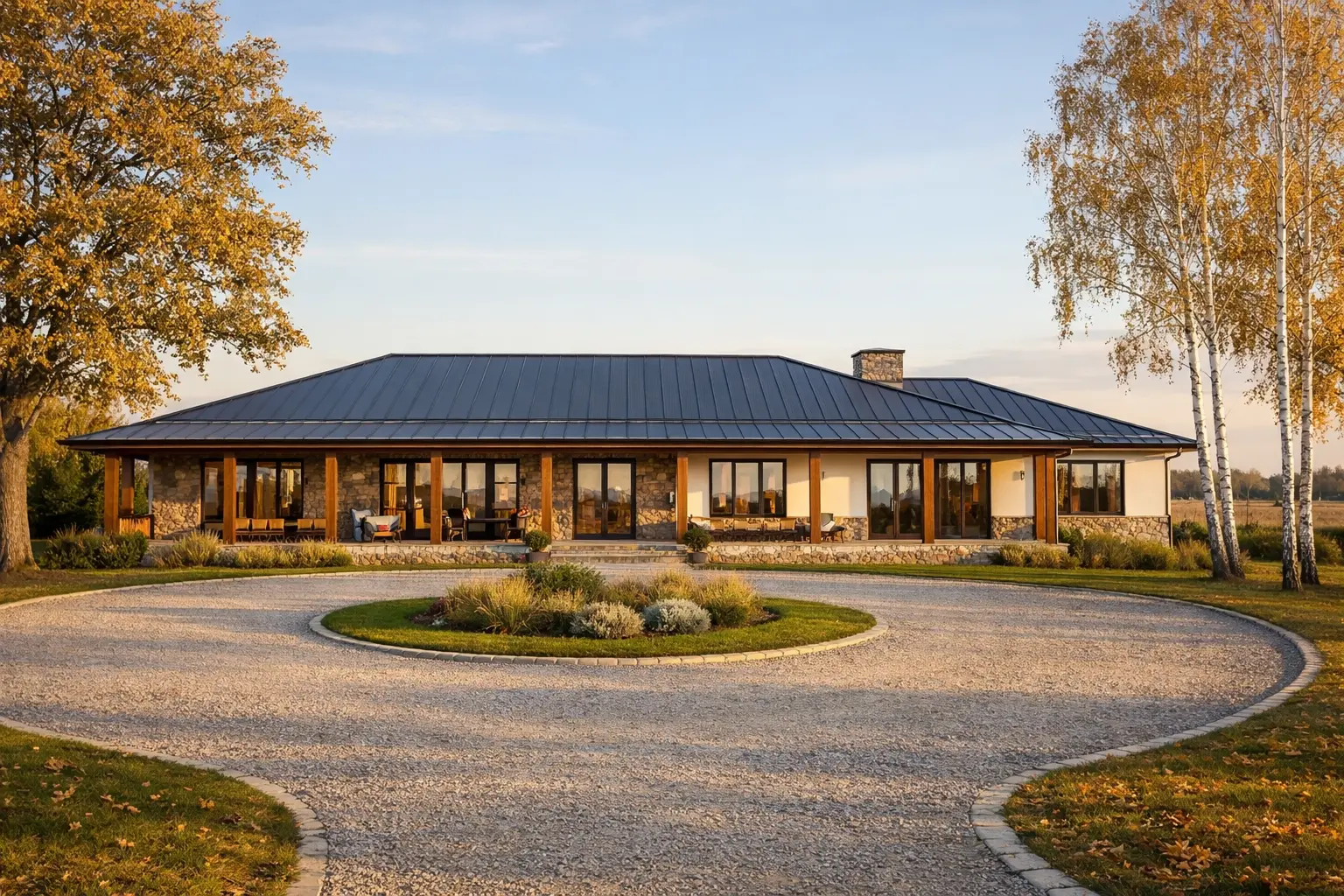 Просторный одноэтажный дом в стиле ранчо с каменной отделкой и крытой верандой в Подмосковье