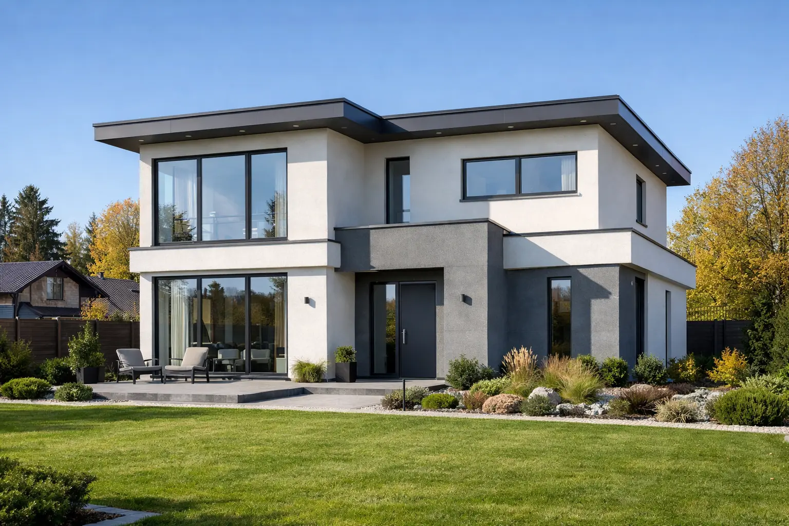 Двухэтажный дом из газобетонных блоков с современной отделкой и панорамным остеклением в Подмосковье