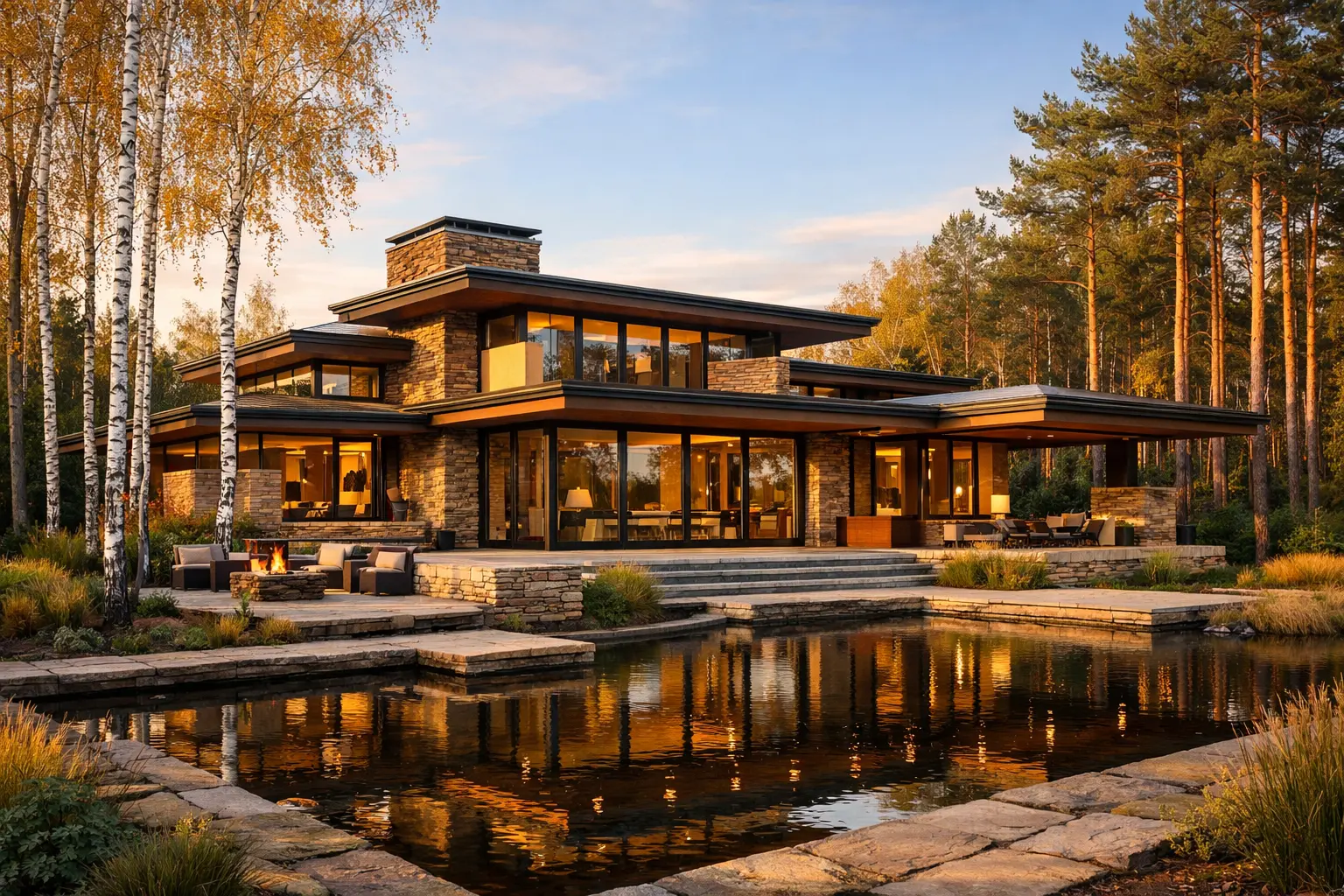 Элитная вилла в стиле Фрэнка Ллойда Райта с горизонтальными линиями и натуральным камнем в Подмосковье