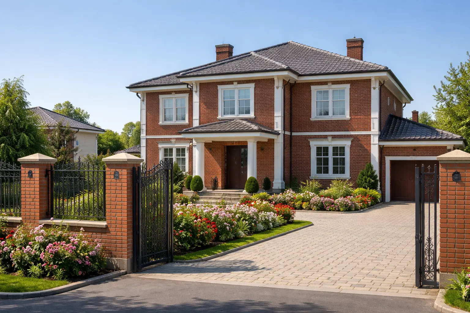 Классический двухэтажный дом из красного облицовочного кирпича с белыми наличниками в коттеджном посёлке Подмосковья