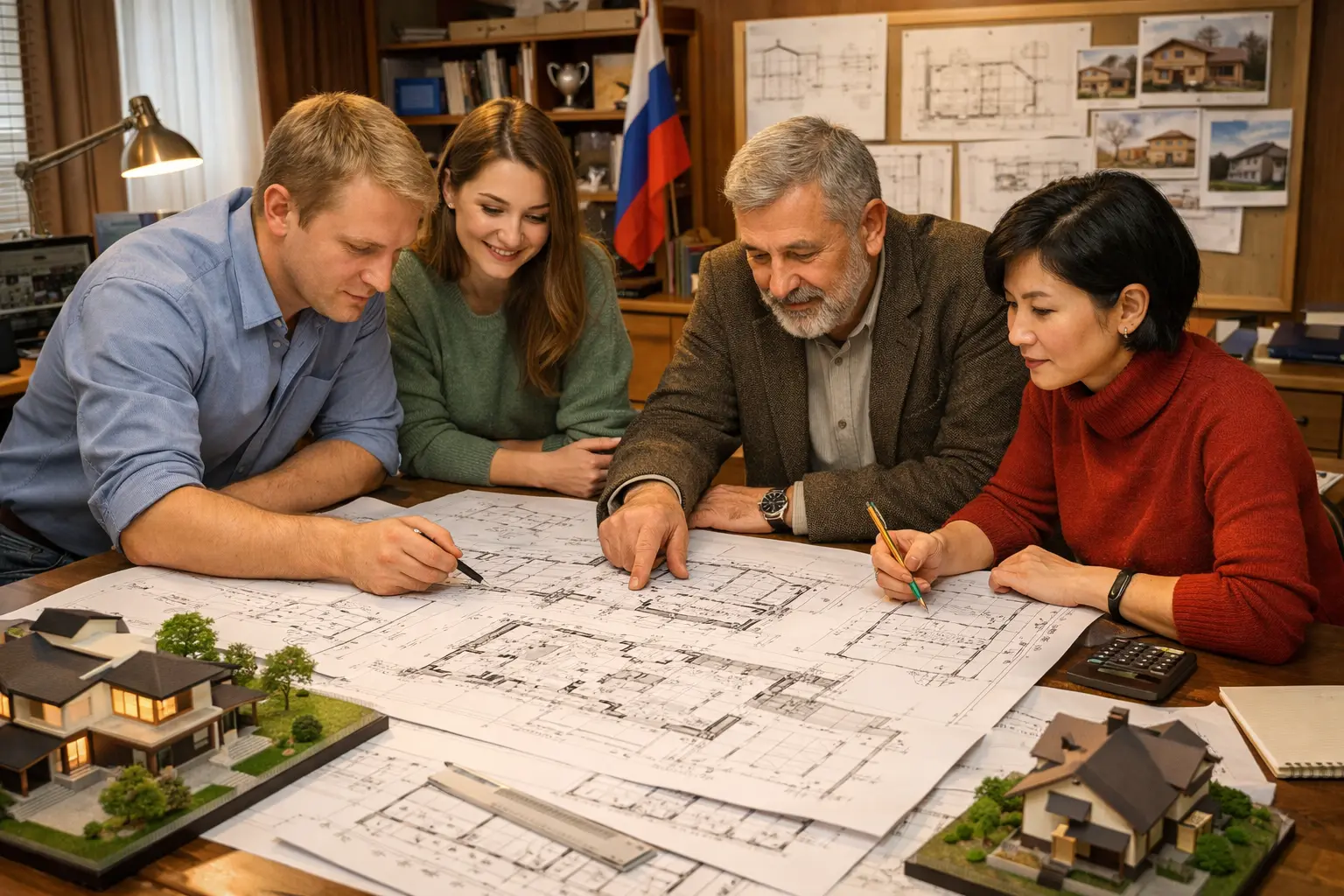 Команда архитекторов за работой над проектом дома