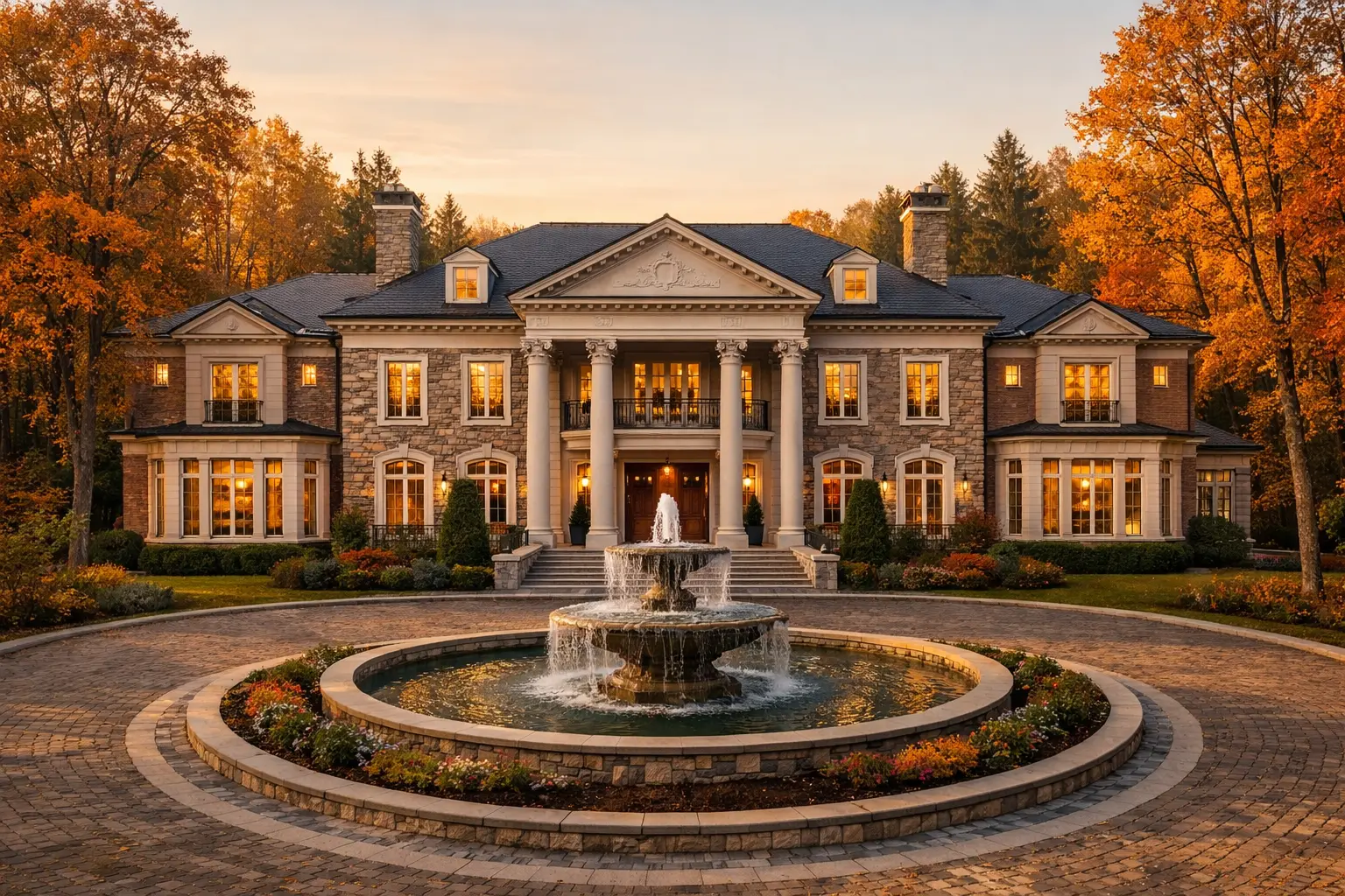 Роскошное каменно-кирпичное поместье с колоннами в окружении осеннего леса в Подмосковье